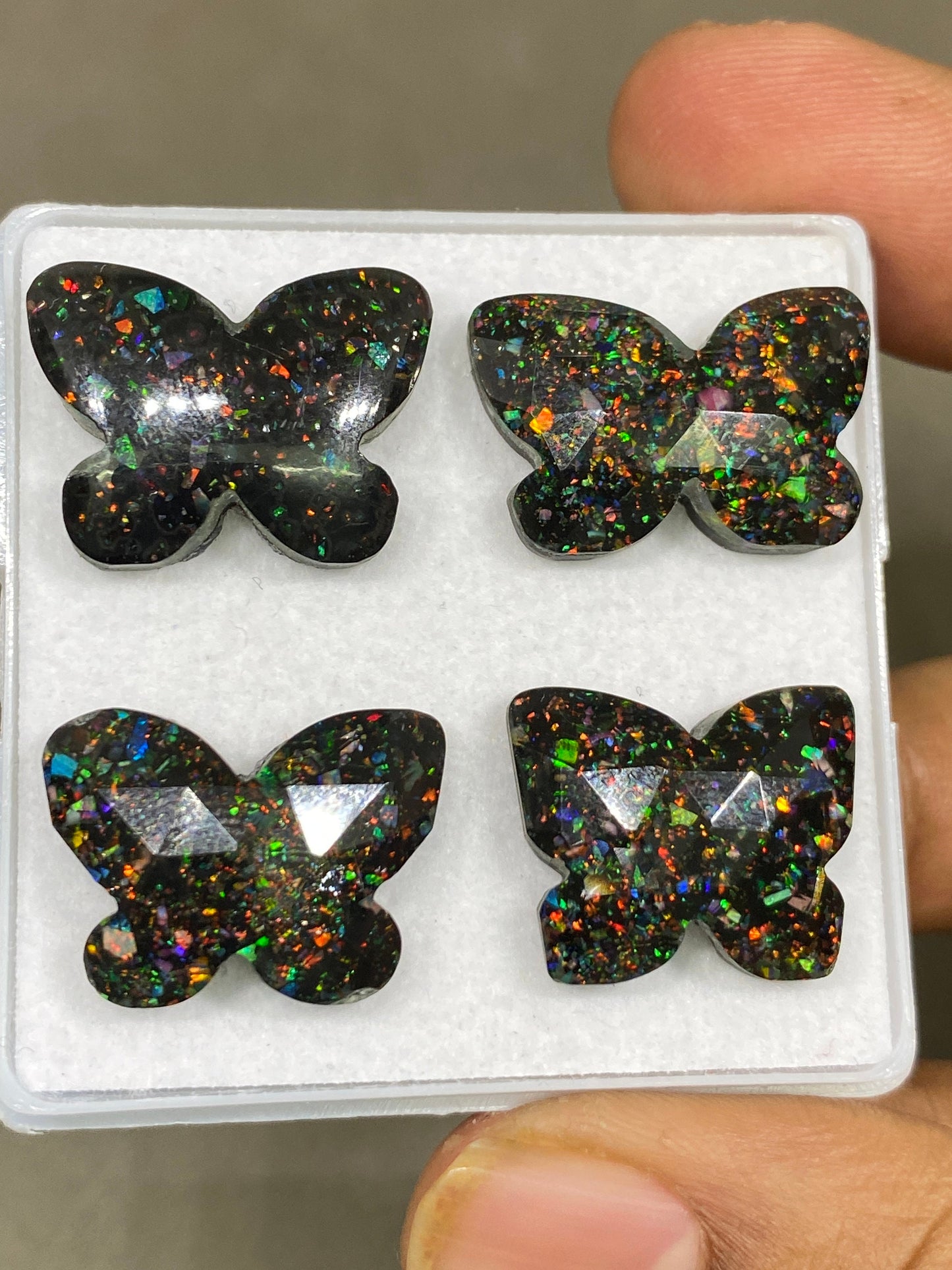 Fascinating  Multi fire opal synthetic aurora opal with black onyx faceted butterfly carving pcs 4 wt 52 cts 19x15-22x15mm butterfly carving