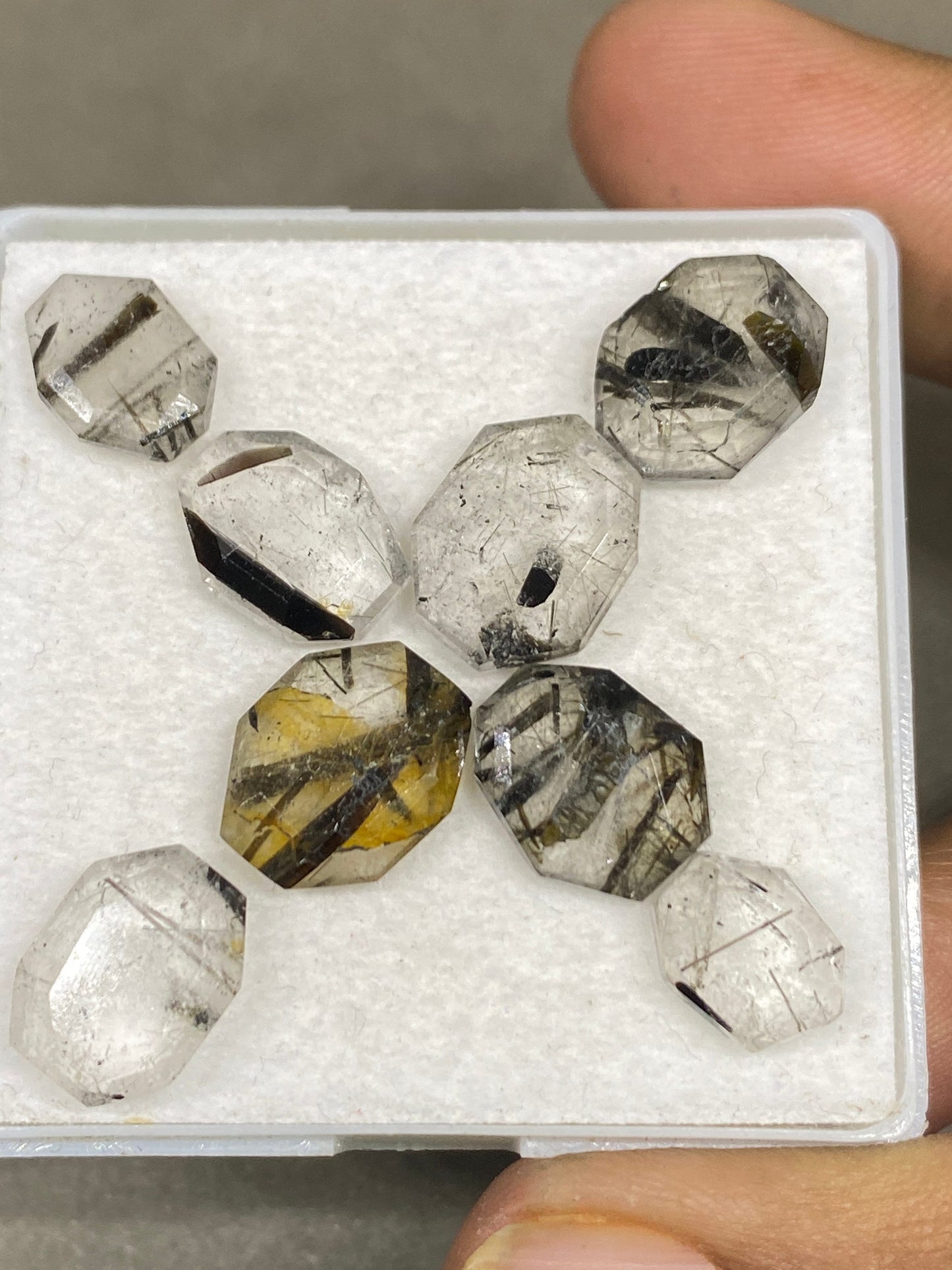 Fascinating Tourmalinated  quartz geometric oval stepcut  gems size  Pcs 8 wt 33 cts quartz hexagon gems 10x8mm-13x11mm