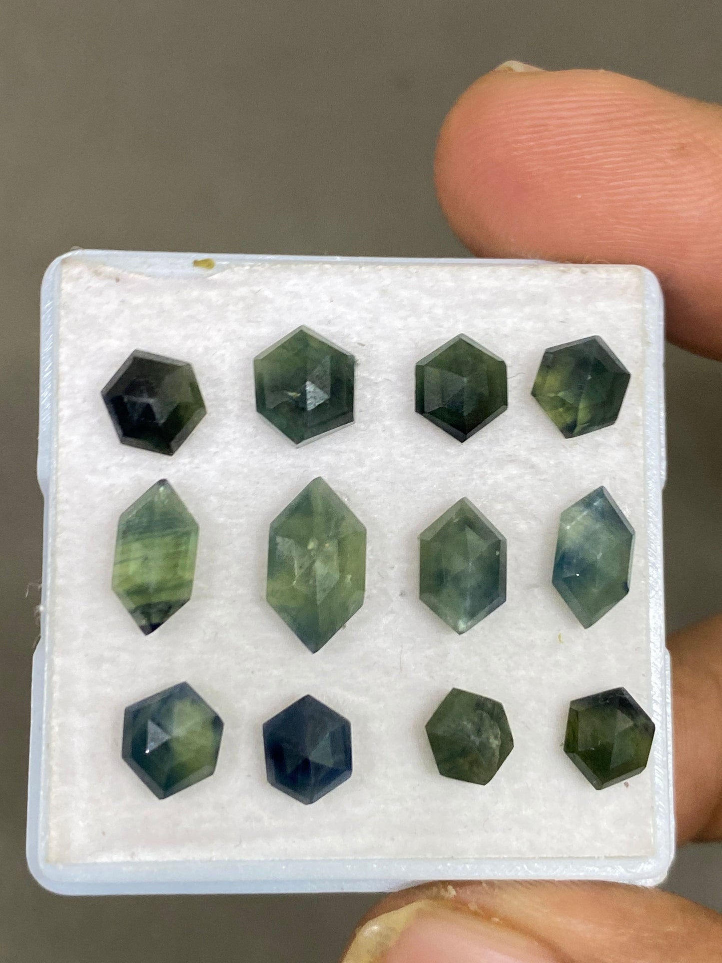 Awesome rare blue sapphire hexagon geometric parti sapphire bi color sapphire pcs 12 wt 18.85 carats size 6.5-11.5x6mm rosecut sapphire