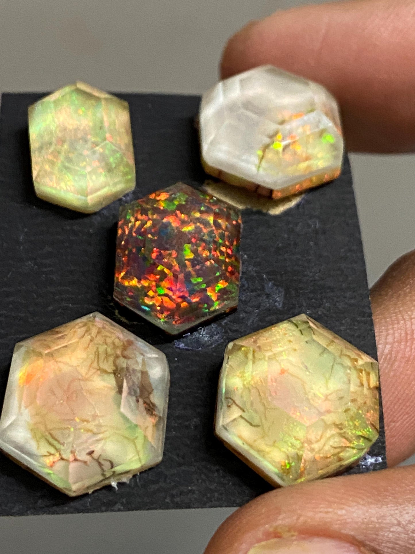 Fascinating Multi fire sterling opal monarch opal crystal doublet hexagon stepcut pcs 5 wt 56 carats  big size 14x10-15x14mm jewelry supply