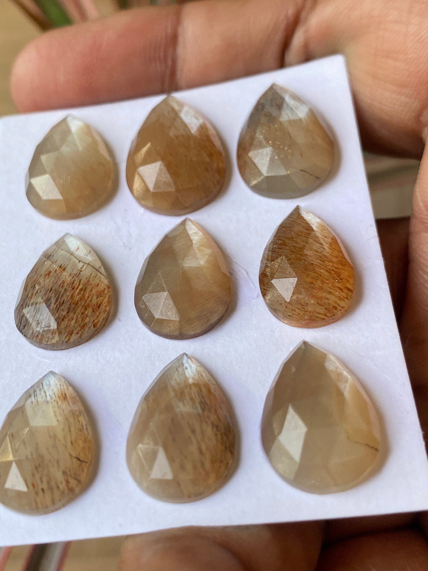 Stunning rare Multi fire Rutile Rainbow lattice moonstone pear rosecut wt 60 carats size 10x9-19x12mm pcs 9 lattice moonstone pear rosecut