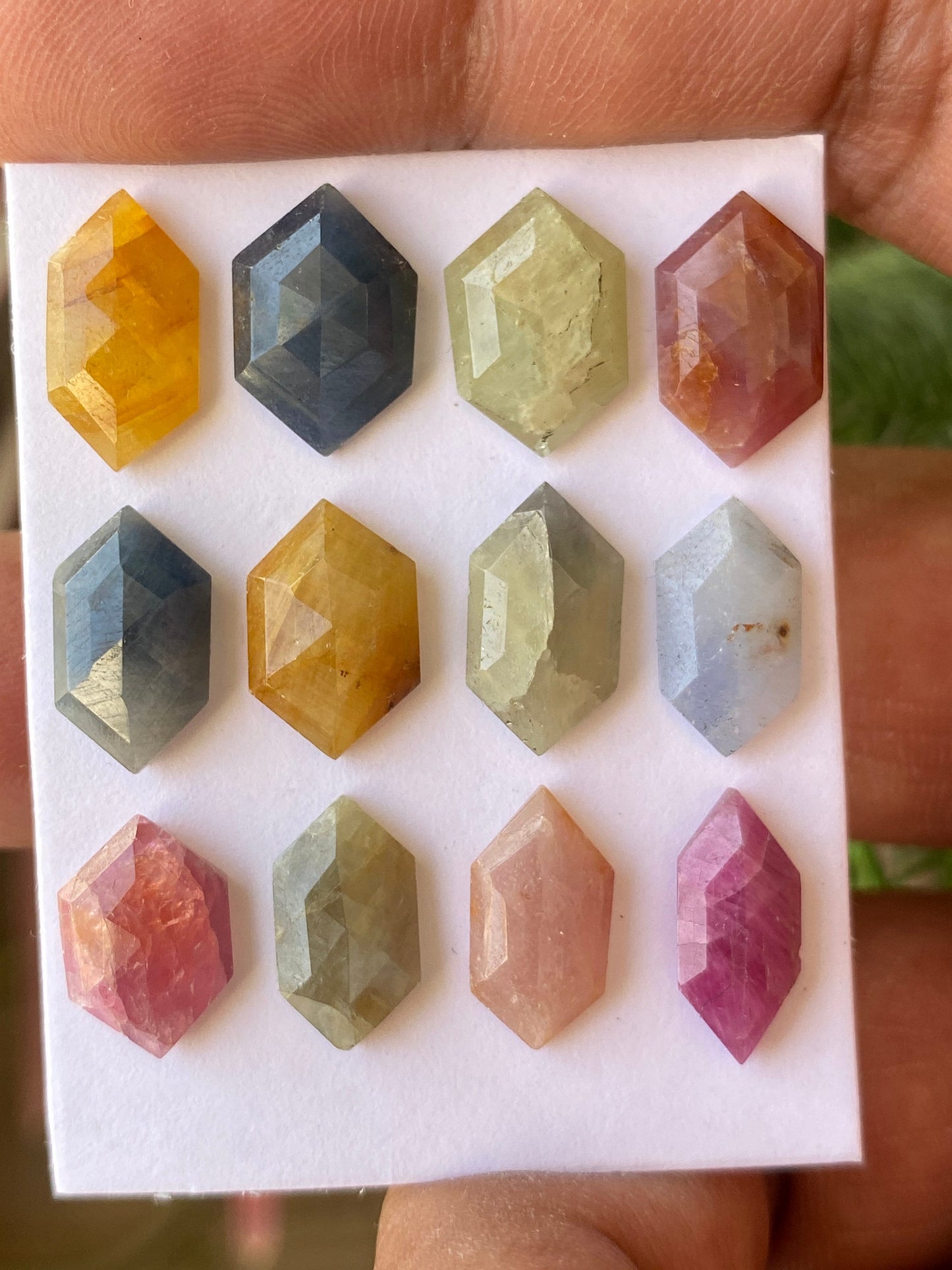 Lovely Rare multi sapphire hexagon step cuts weight 43 cts  pcs 12 size 12x7-13x8mm multi sapphire stepcut hexagon flatbacks