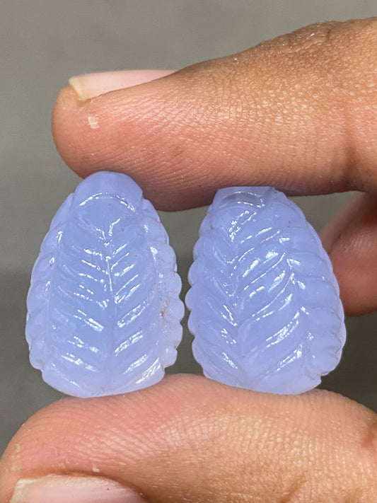 Natural lavender blue chalcedony  quartz  drop hand carved earring set wt 61 cts pcs 2 size  22x15mm lavender blue carving