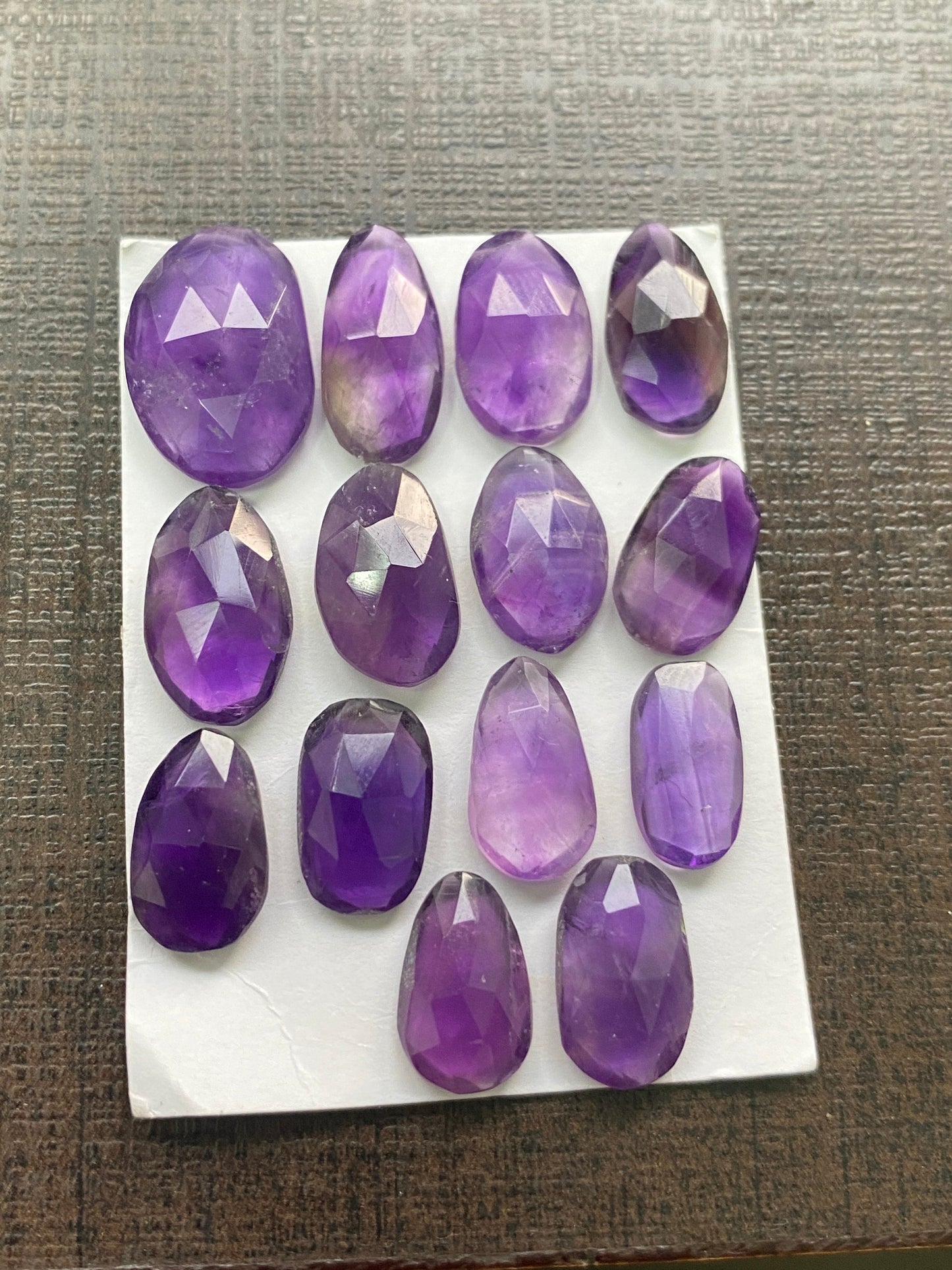 Lovely amethyst rosecut flatback beautiful fine polish and cutting weight 50 carats size 12.7x8-17.9x12.1mm pcs 14 rosecut amethyst