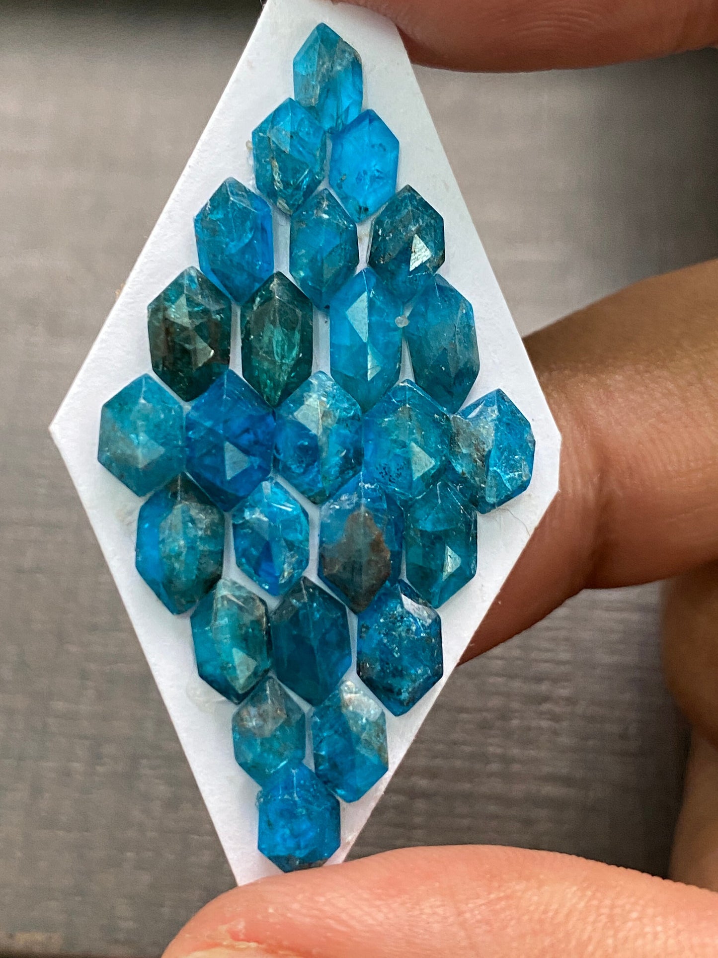 Gorgeous neon blue apatite hexagon stepcut faceted hexagon size 7x5-8x5mm fancy hexagon nice pcs 25 wt 17.45 cts apatite hexagon