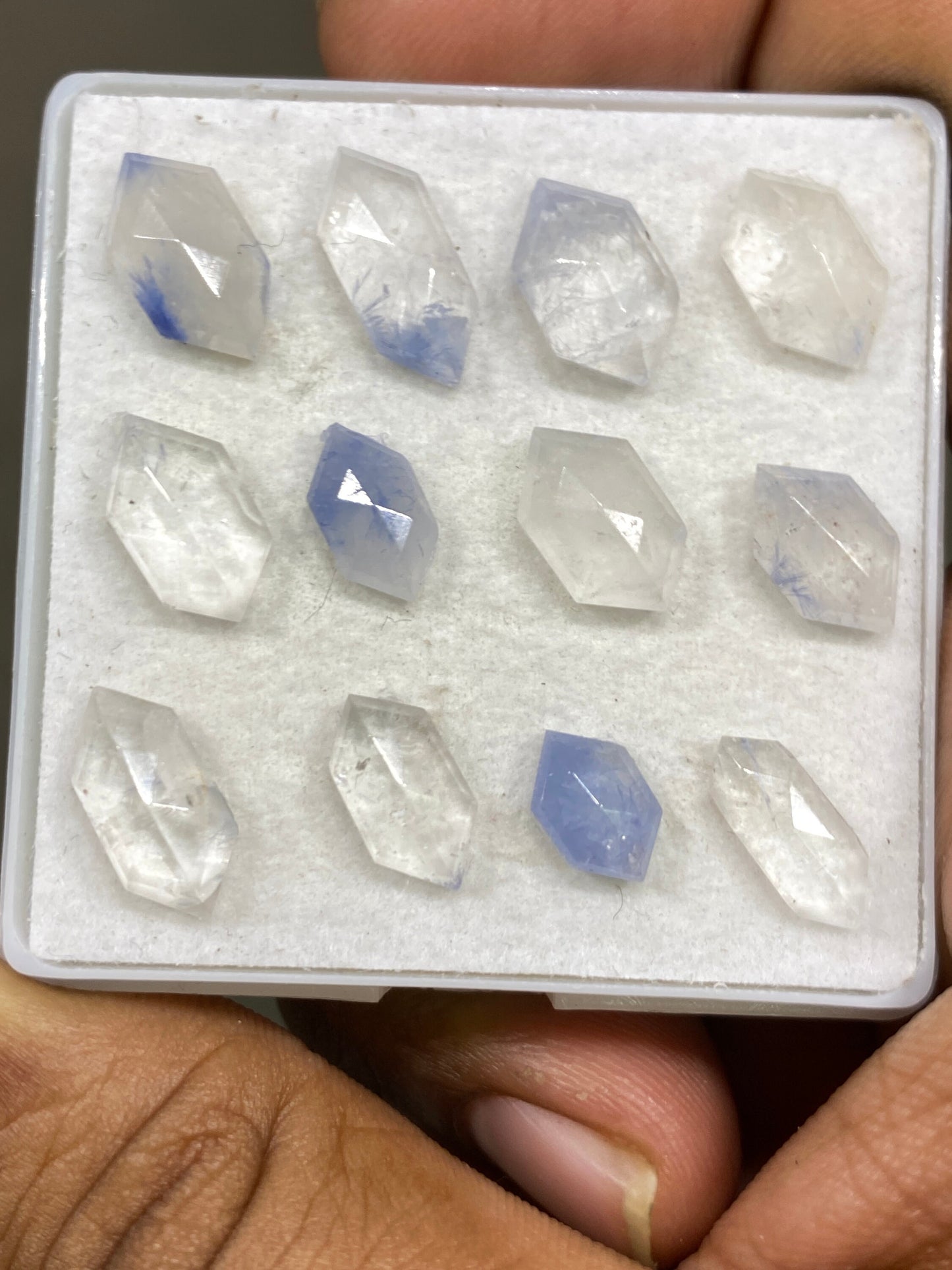 Dazzling rare Dumortierite in quartz hexagon stepcut Brazilian mines dumortierite cabochons pcs 12 Wt 27 carats 9.3x6mm-13x7mm dumortierite