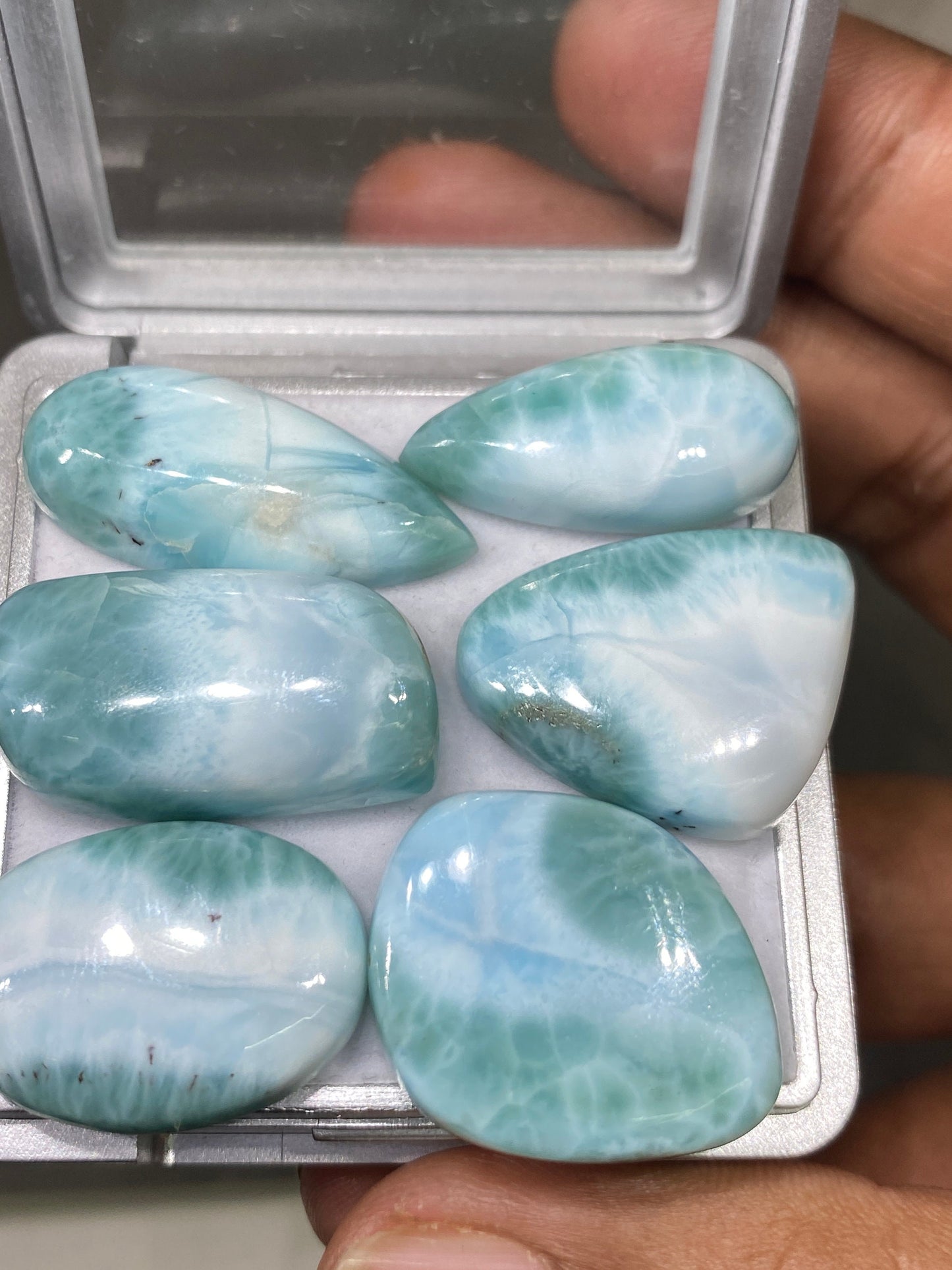 Awesome rare Smooth Larimar cabochons mix shapes  pcs 6 pendant supply  wt 148 carats size 26x12-32x15mm natural Larimar cabochons