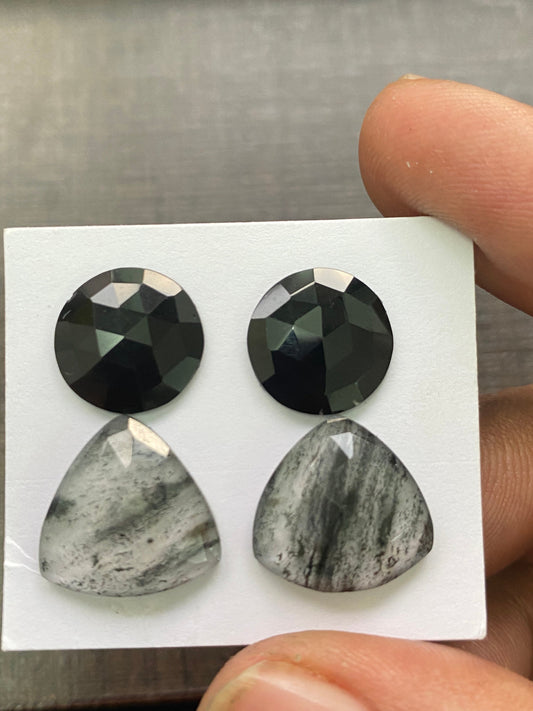 Dazzling black tourmaline round Black spots quartz African mines rosecut trillion earrings size Pcs 4 wt 19 cts 13mm-15mm  rosecut gems