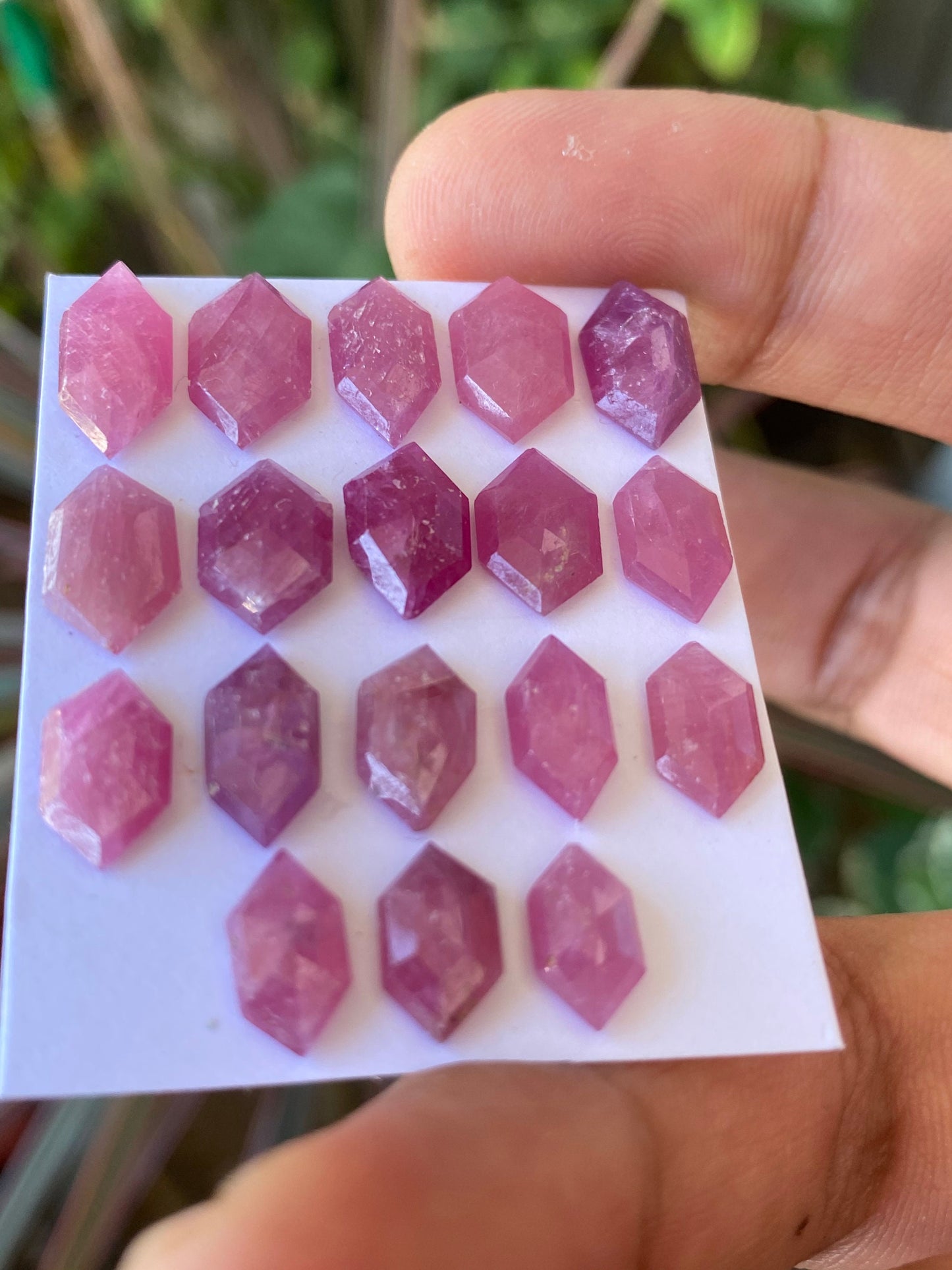 Fabulous rare natural unheated untreated ruby hexagon flat cut geometric pcs 18 wt 41.50 cts  size 9.9x5.7mm-14.3x6.6mm ruby mozambique mine