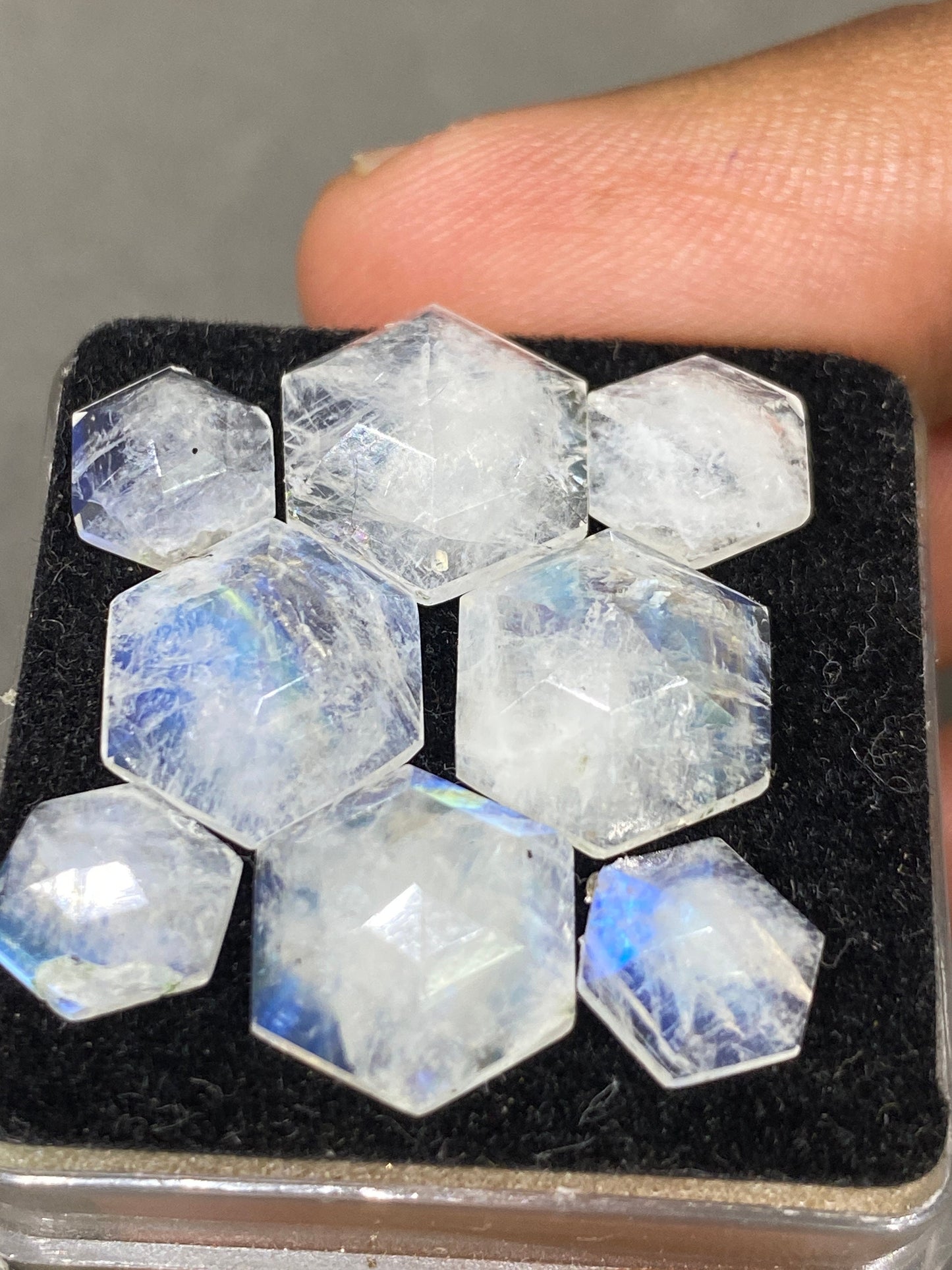 Blue fire white rainbow moonstone hexagon faceted step cut pcs 8 wt 23 cts size 7.6x7.3-11.5x11.3mm fire rainbow moonstone