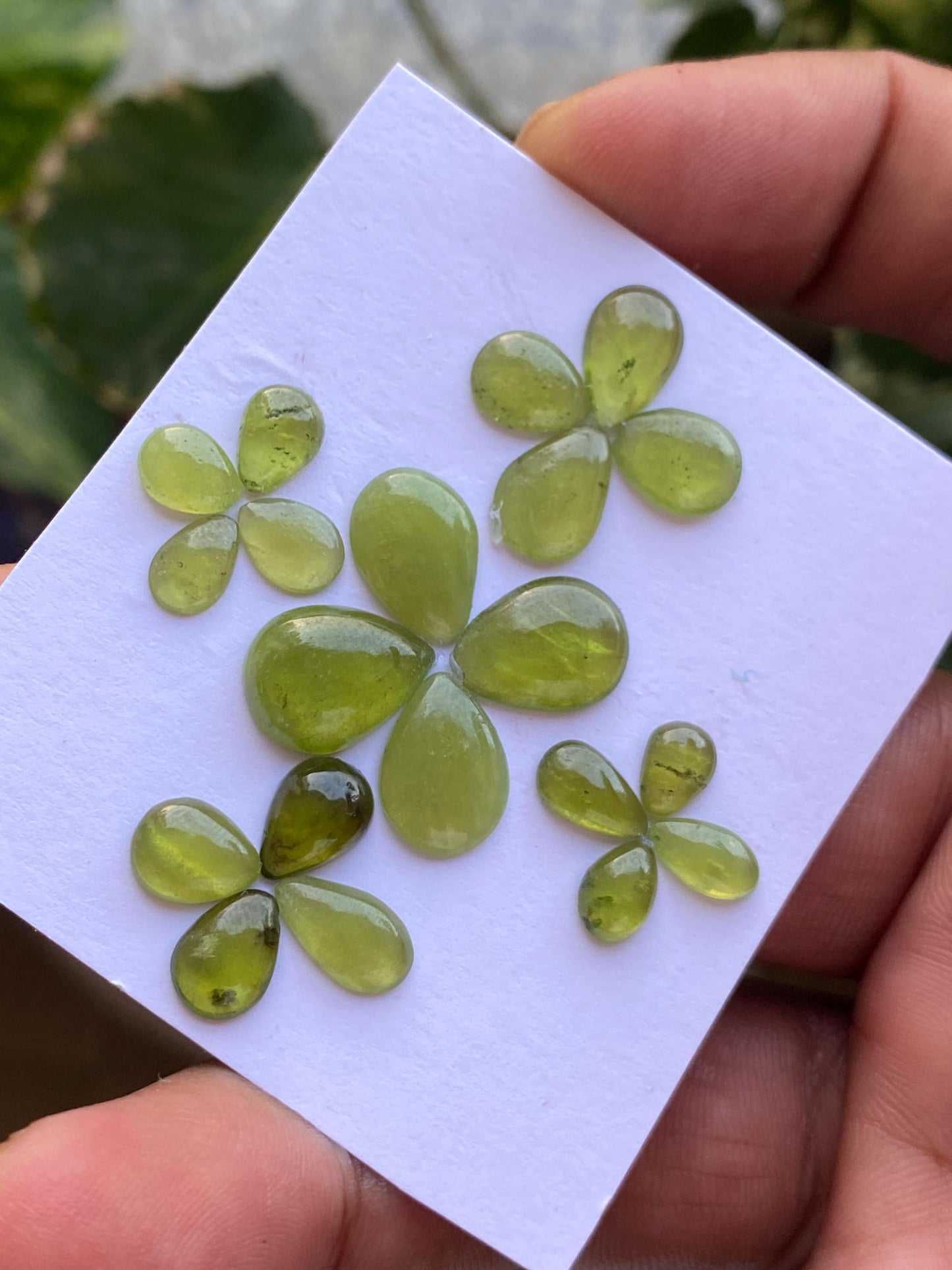 Gorgeous rare fine quality peridot cabochons pear shape wholesale lot weight 27 carats size 6.9x5-13x10mm pieces 20 peridot cabochons