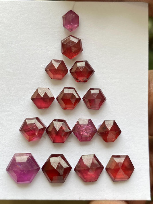 Fabulous Rhodolite garnet hexagon step cuts Malaya aaa quality wt 17 cts pcs 15 size  7.7x4.6-8.5x5.5mm Rhodolite garnet stepcut hexagons