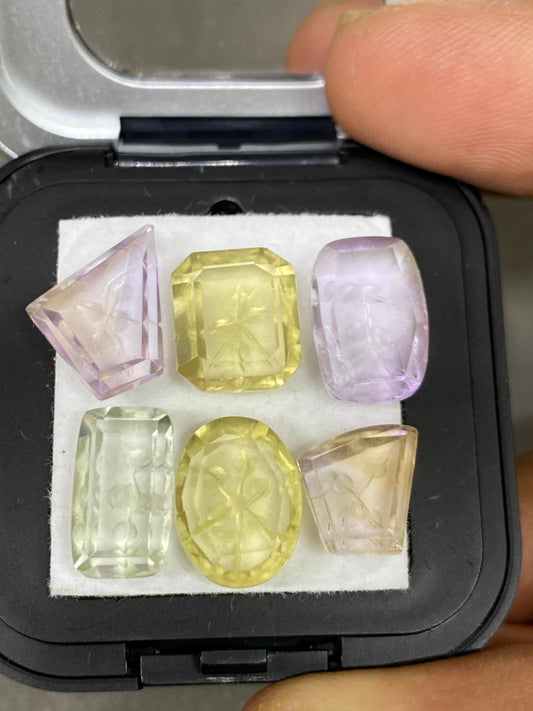 Gorgeous AAA Ametrine lemon quartz green amethyst amethyst intaglio carving cutstones wt 49 carats pcs 6 size 12x10-14x9mm Ametrine carving