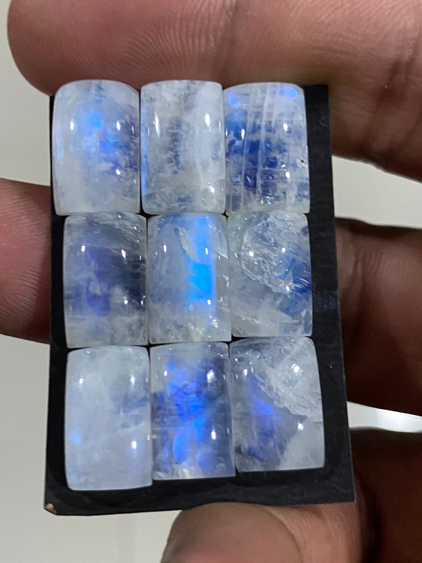 Vivacious Blue fire aaa white rainbow moonstone rectangle cushion cabochons  lot pcs 9 wt 60 cts size 13x8mm-14x9mm fire rainbow moonstone