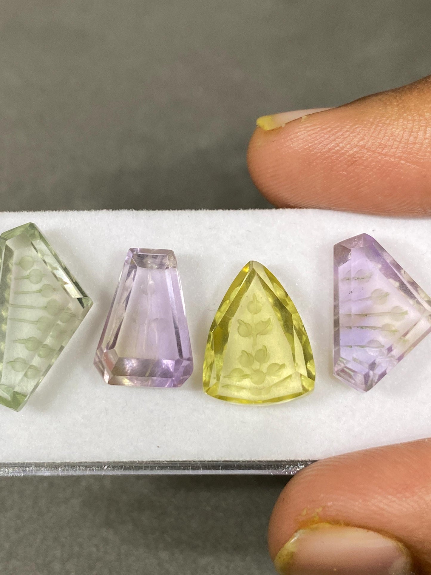 Lovely AAA Ametrine lemon quartz green amethyst intaglio carving cutstones wt 25 carats pcs 4 good size 15x10mm-20x11mm  gemstone carving