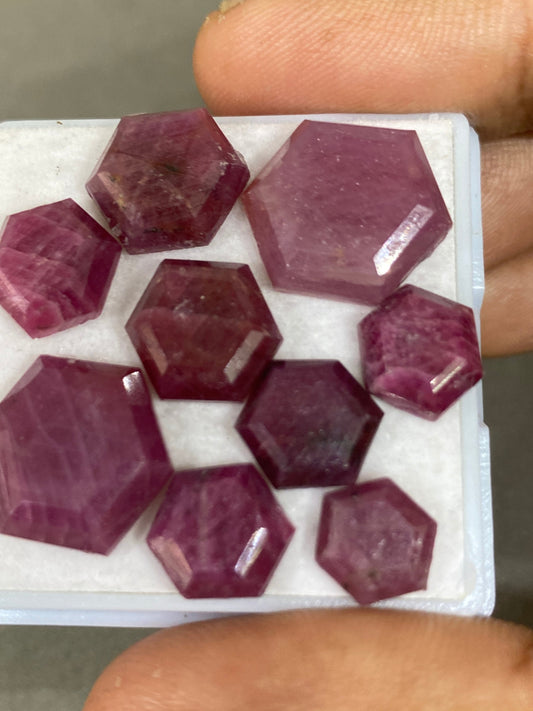 Attractive Rare mozambique mines ruby hexagon step cuts weight  54 cts  pcs 9 size  8mm-14mm ruby hexagon flatbacks