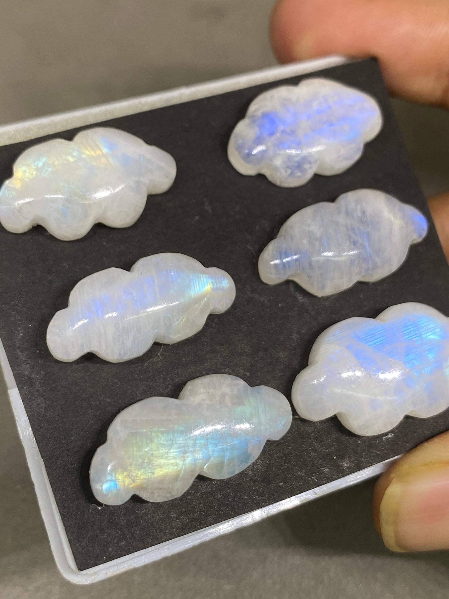 Gorgeous rare white moonstone cloud carving  blue fire moonstone   carving pcs 6 wt 103.5 cts size 22x13-27x15mm  moonstone cloud carving