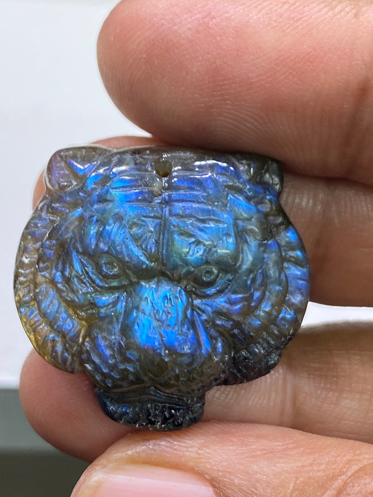 Enchanting Rare Natural AAA Blue fire labradorite tiger face carving drilled top for pendant wt 48 cts size 28mm tiger face carving