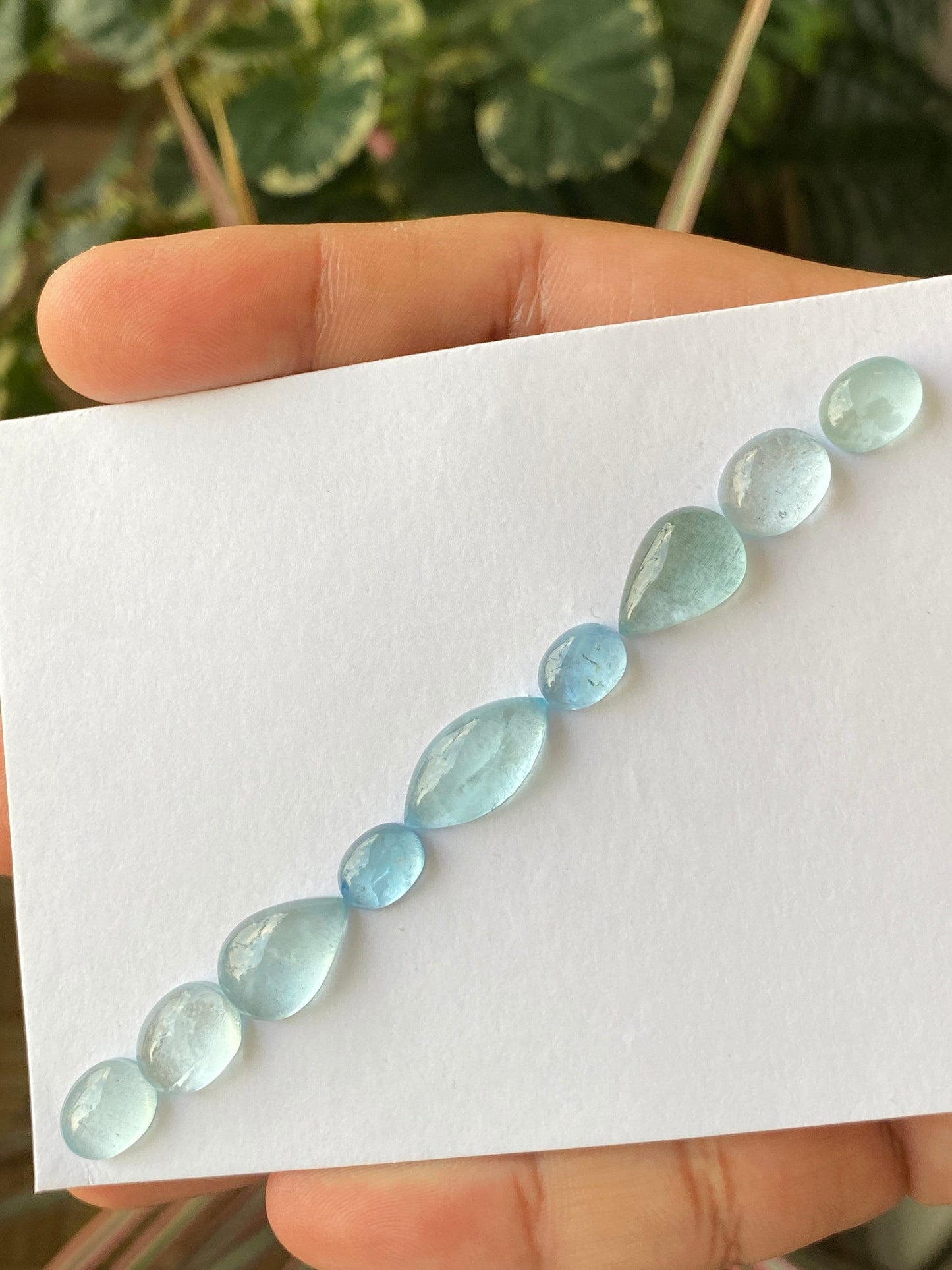 Delightful rare Aquamarine Fine quality cabochons  bracelet supply  pcs 9 wt 33 carats Size 10x7mm-18x9mm aquamarine cabochons flats