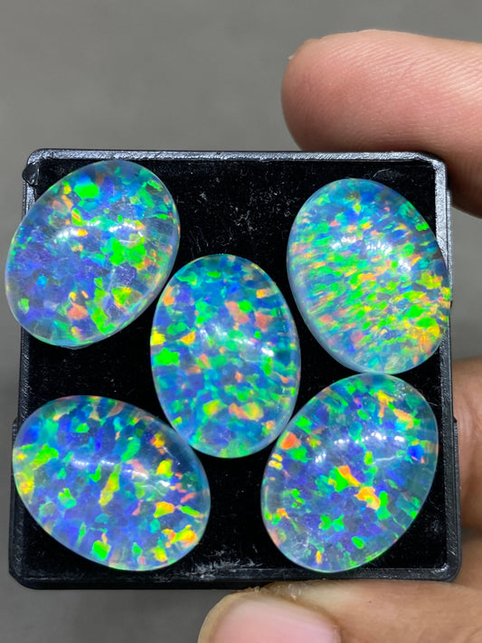 Awesome Multi fire blue aurora opal and crystal doublet oval smooth cabochons pcs 5 wt 72 carats rare size 18x13mm ring pendant supply