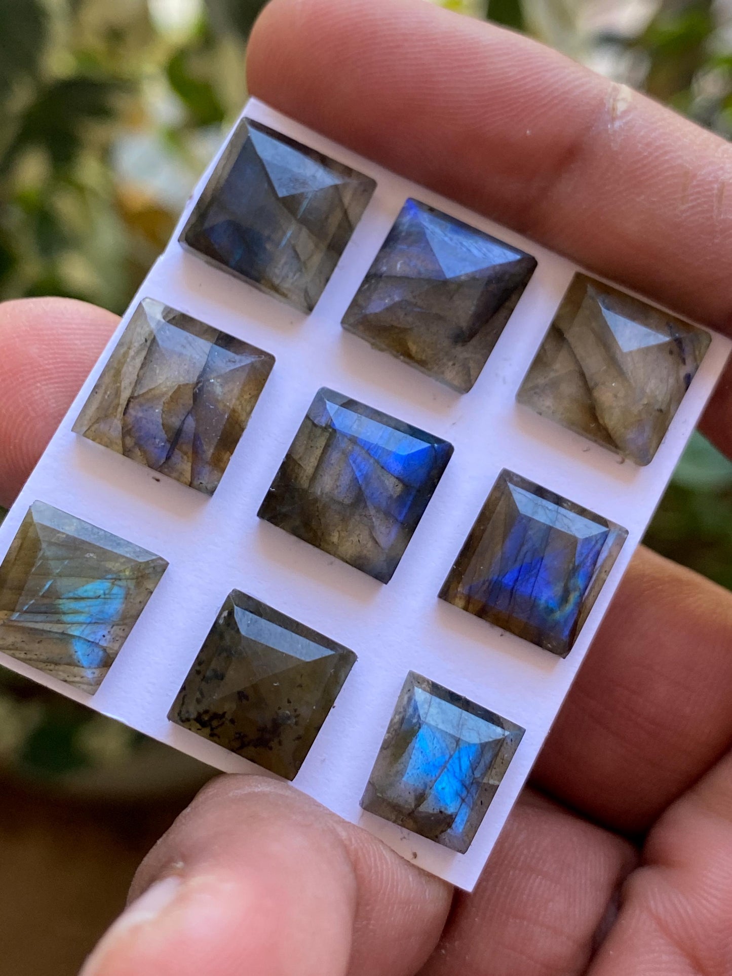 Dazzling rare blue fire labradorite square stepcut flatbacks wt 46.50 carats pcs 9 size 10-12mm labradorite hexagon stepcuts geometric gems