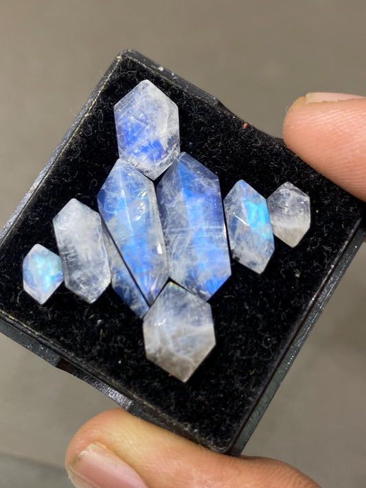 Ravishing Blue fire white rainbow moonstone hexagon faceted step cut pcs 8 wt  cts size  fire rainbow moonstone