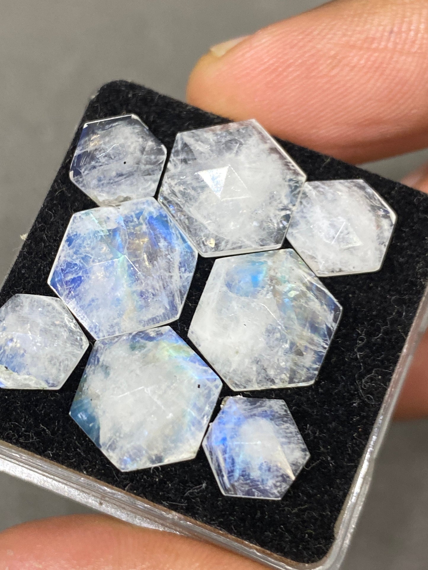 Blue fire white rainbow moonstone hexagon faceted step cut pcs 8 wt 23 cts size 7.6x7.3-11.5x11.3mm fire rainbow moonstone