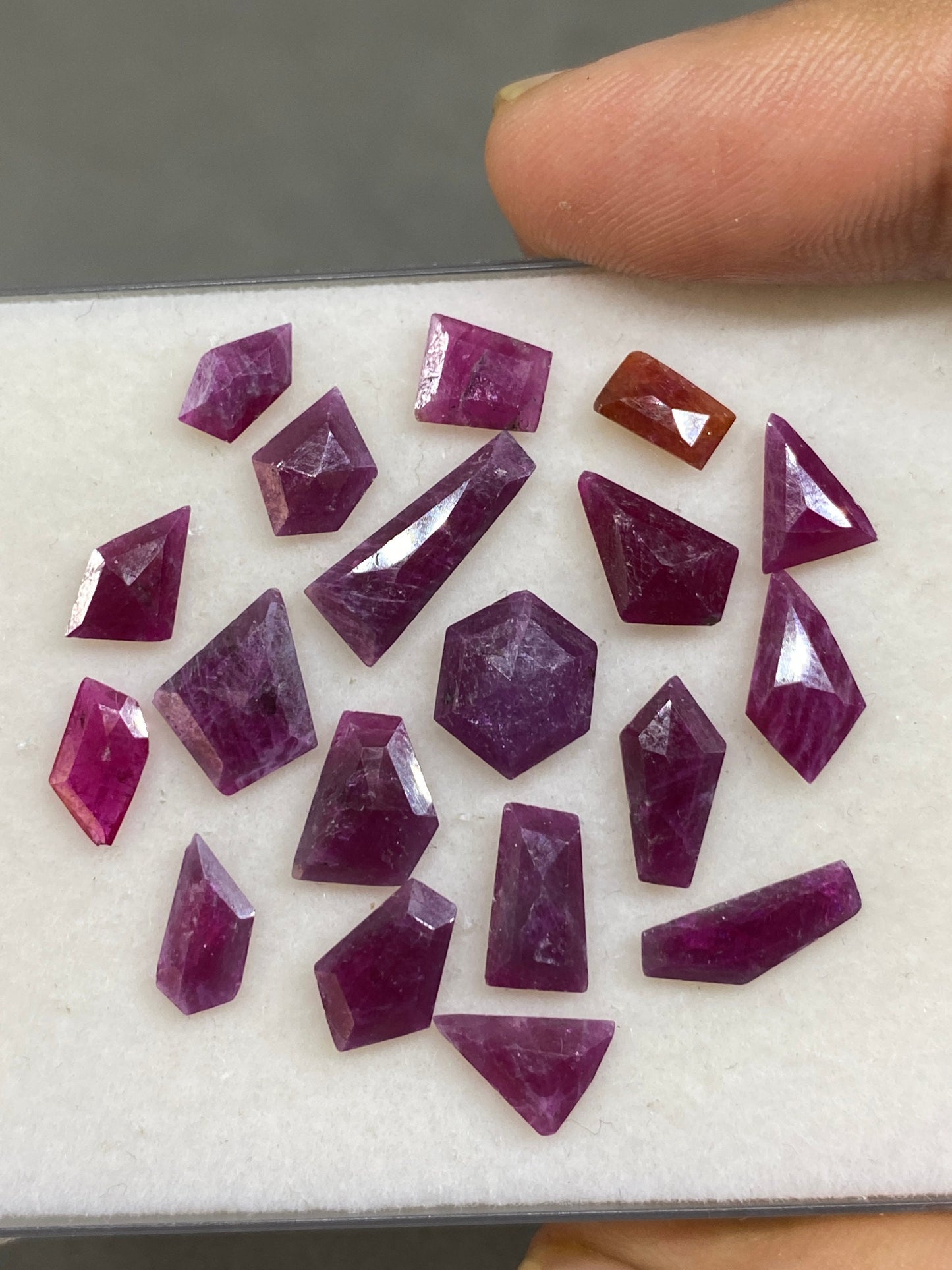 Dazzling rare natural unheated untreated ruby  flat cut geometric pcs 19 wt 28 cts  size 7x4mm-15x6mm ruby mozambique mine