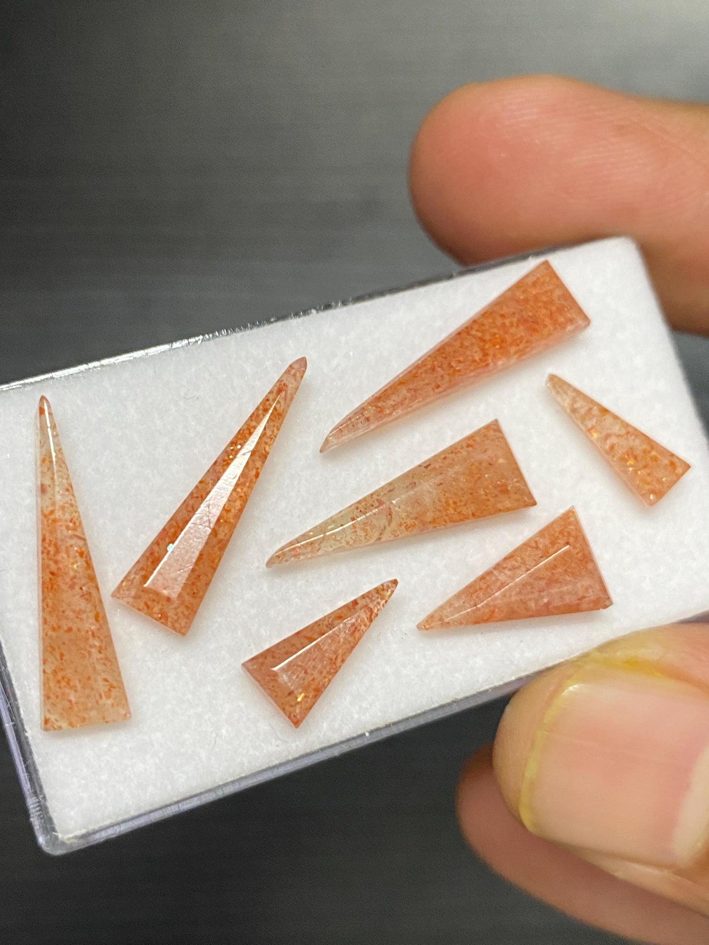 Stunning rare confetti sunstone triangle geometric stepcut flats wt 13.50 carats pcs 7 size 11x5-21x5mm sunstone  stepcut flatback gems