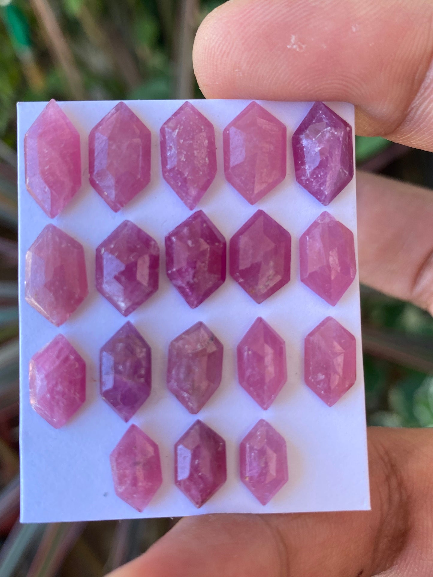 Fabulous rare natural unheated untreated ruby hexagon flat cut geometric pcs 18 wt 41.50 cts  size 9.9x5.7mm-14.3x6.6mm ruby mozambique mine