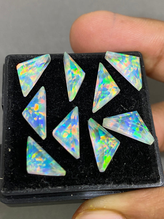 Gorgeous Multi fire Aurora opal and crystal doublet scalene triangles geometric cut pcs 9 wt 20 cts size 12x6mm-13x6mm rosecut monarch opal