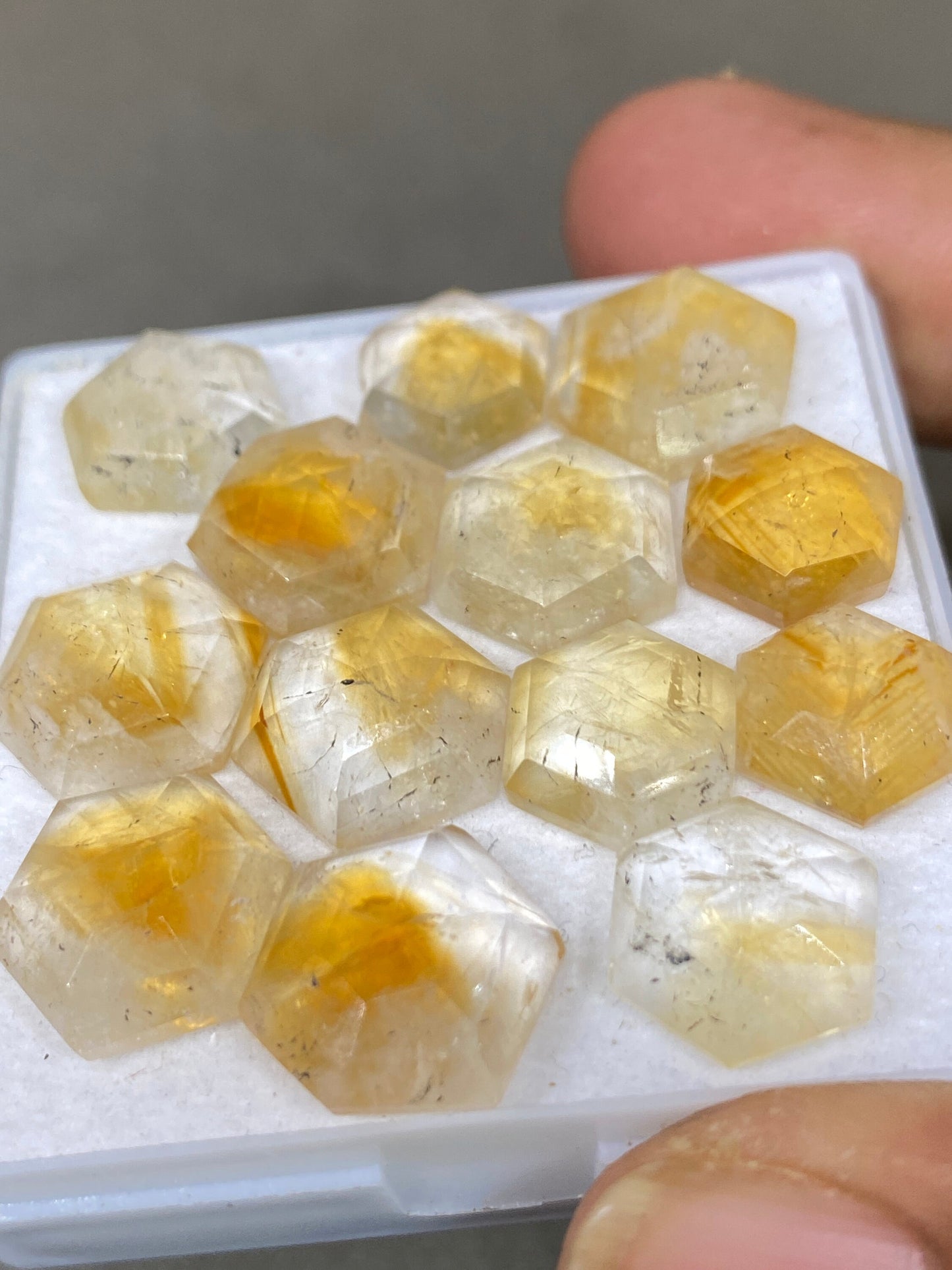 Gorgeous rare bi color citrine hexagon step cut weight 71 carats  pcs 13 size  10m-13mm citrine step cut hexagon