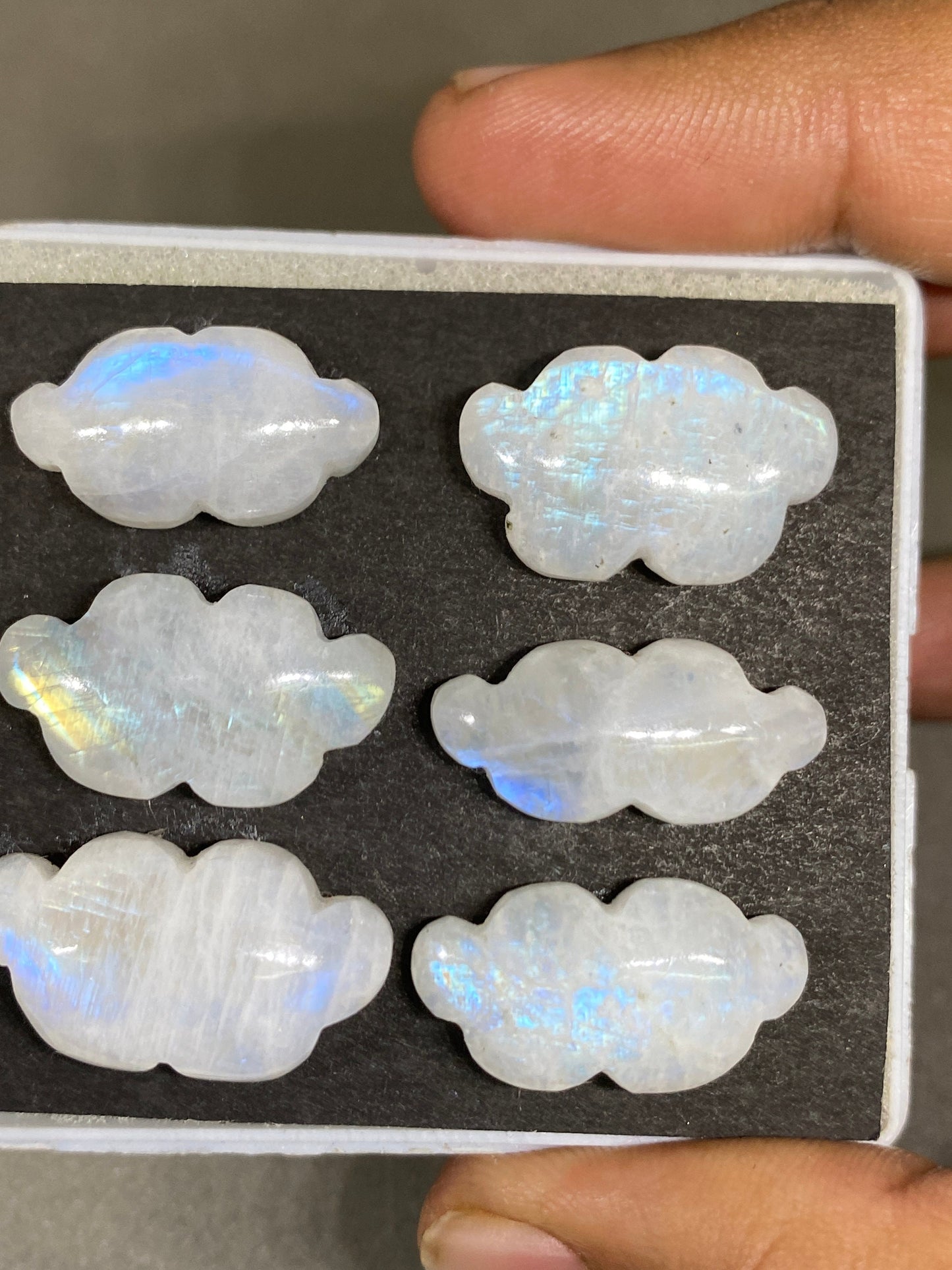 Stunning rare white moonstone cloud carving  blue fire moonstone   carving pcs 6 wt 106 cts size 22x12-25x14mm  moonstone cloud carving