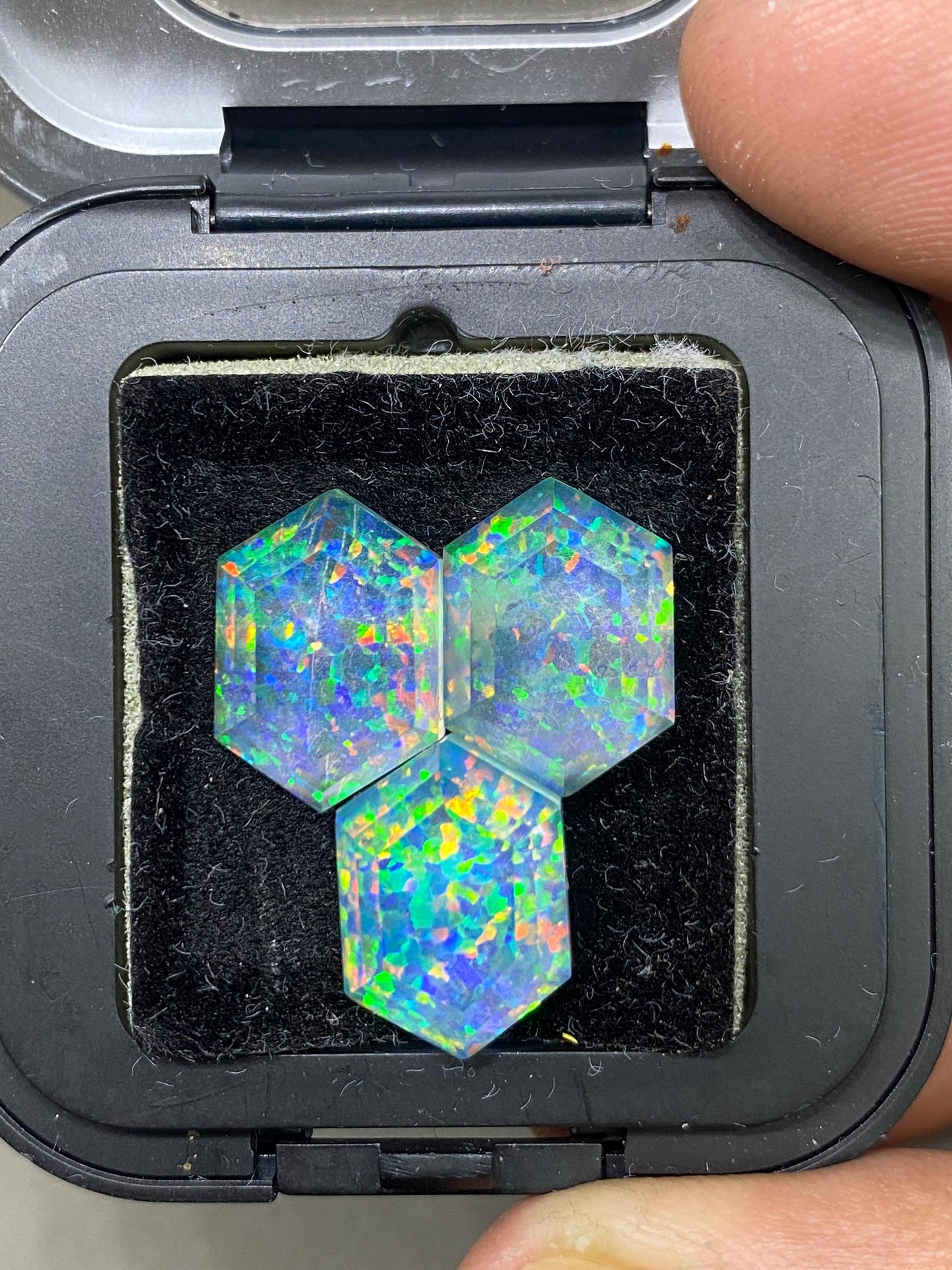 Astonishing multi fire  aurora opal and crystal doublet hexagon stepcut pcs 3 wt 22 carats big size 14x10mm ring pendant earring Aurora opal