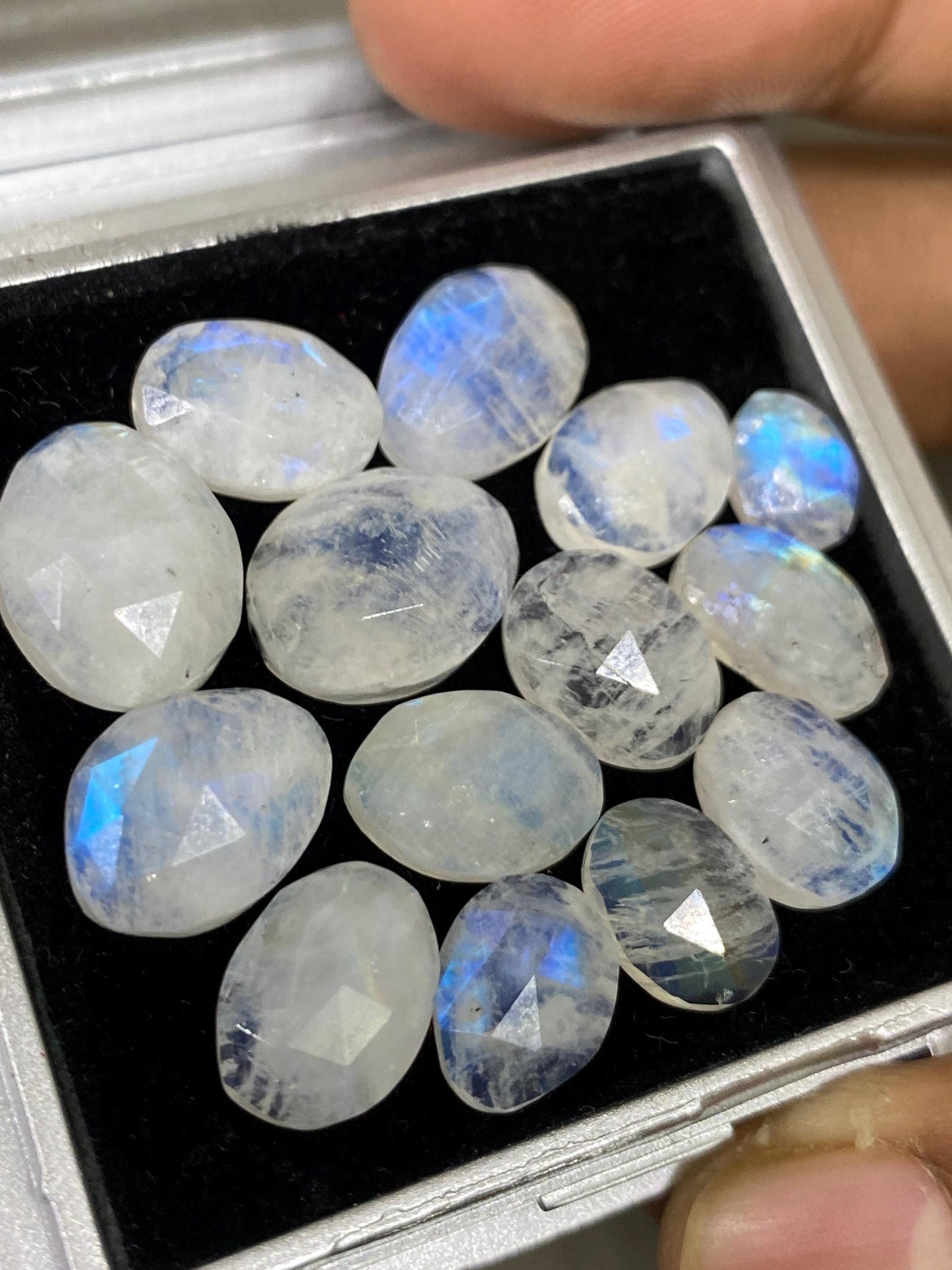 Cute Blue fire rainbow moonstone unusual faceted rosecut pcs 14 wt 46 cts size 8.5x6.5mm-13x10mm fire rainbow moonstone faceted moonstone