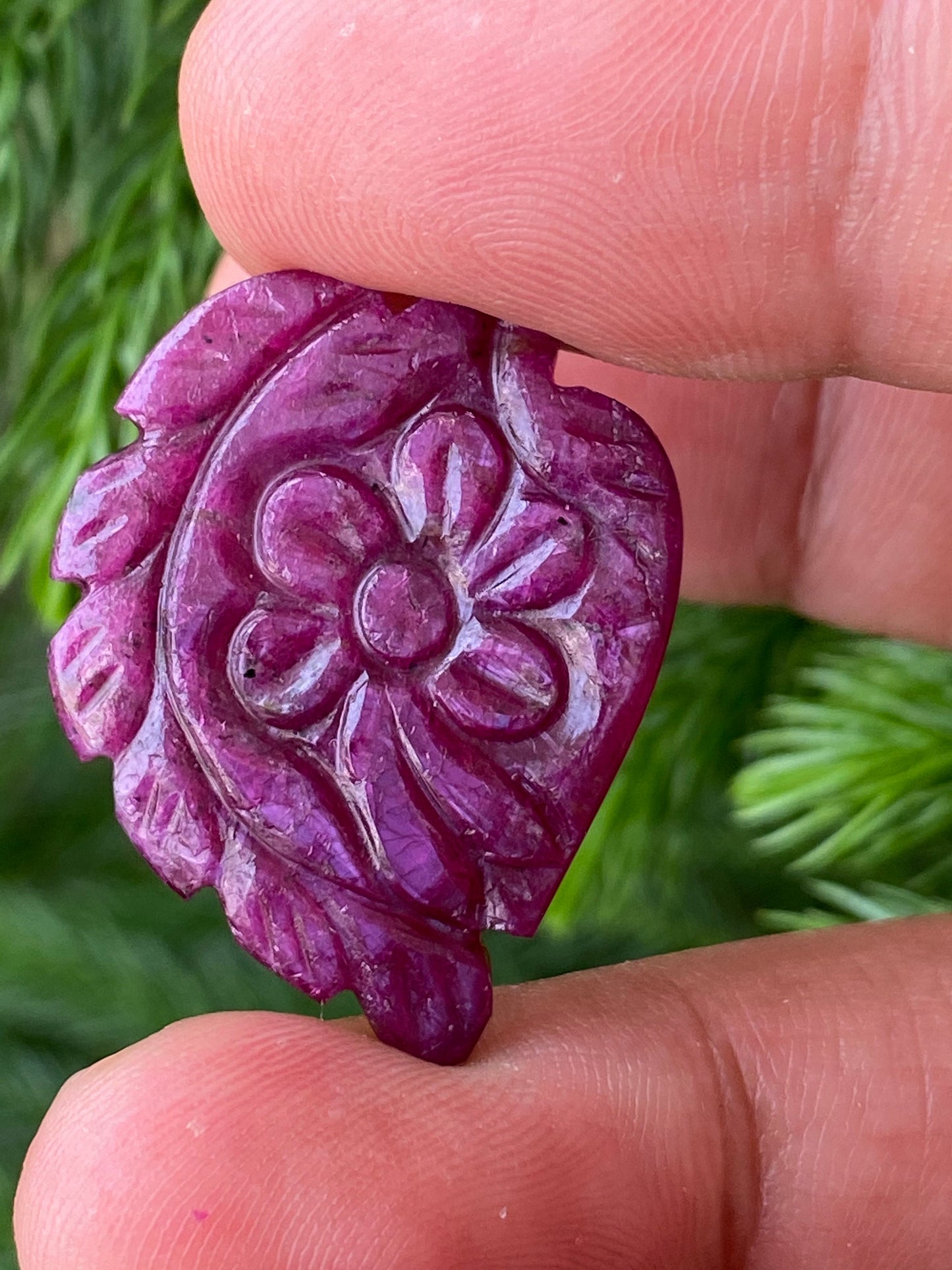 Gorgeous very rare huge size natural ruby handmade flower carving weight 24 carats size 31x24mm ideal for pendant ruby leaf carving