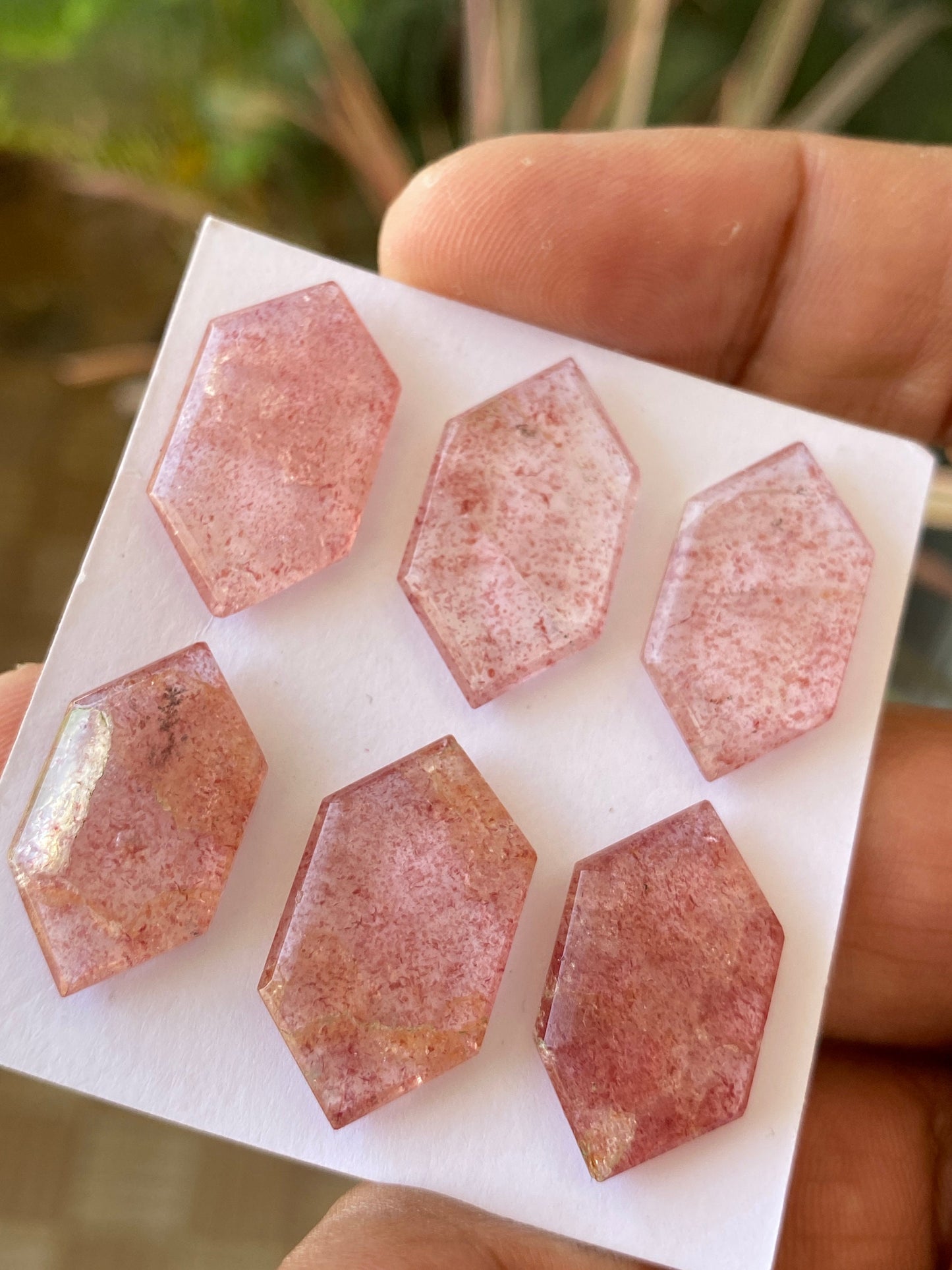 Mesmerising rare big strawberry quartz hexagon mirror cut weight 61.90 cts pcs 6 size 22x13-25x13mm Pink quartz mirror cut hexagon