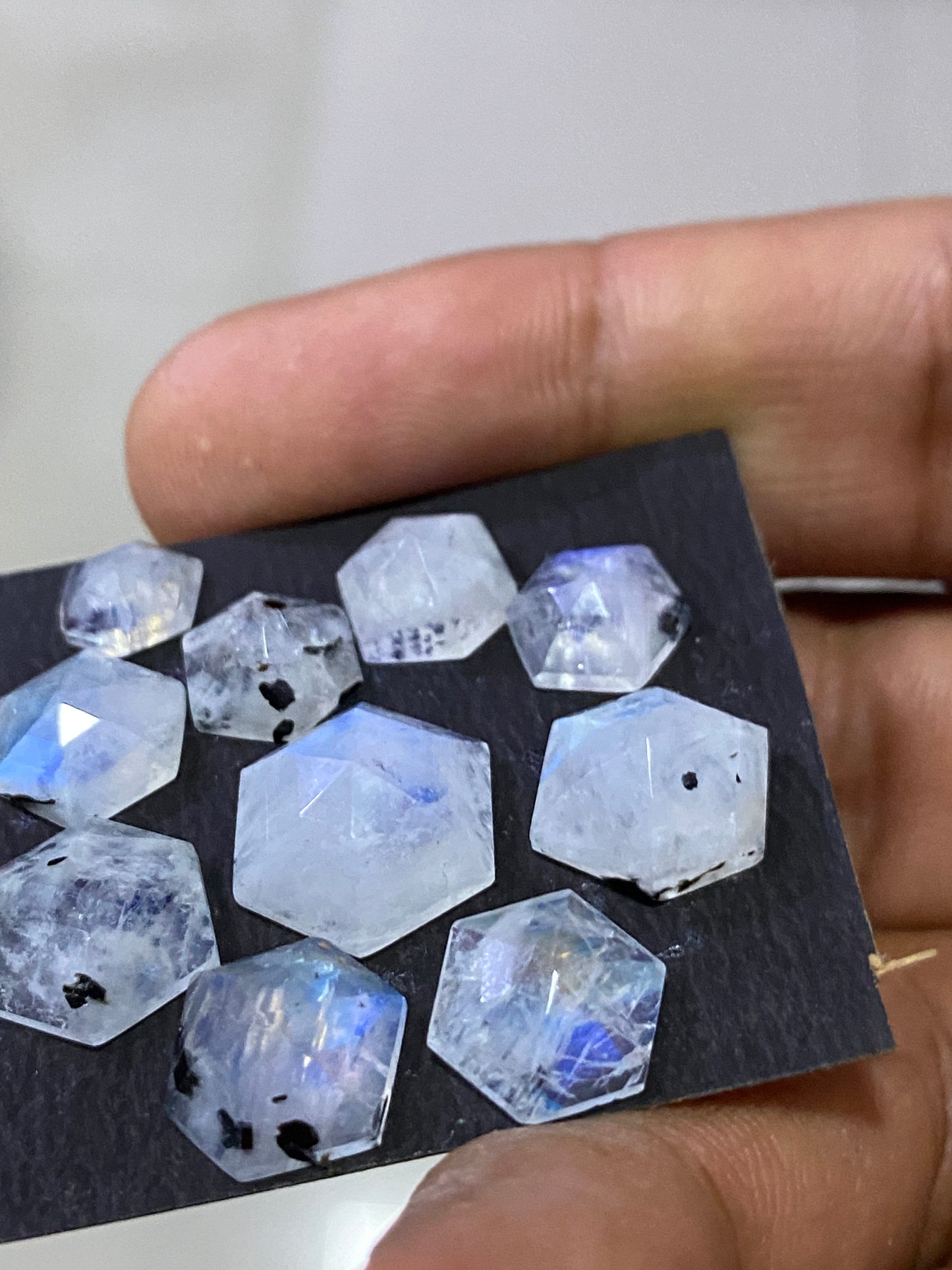 Mesmerising rare Blue fire white rainbow moonstone faceted rosecut hexagon pcs 10 wt 29 cts size 8mm-14mm fire rainbow moonstone