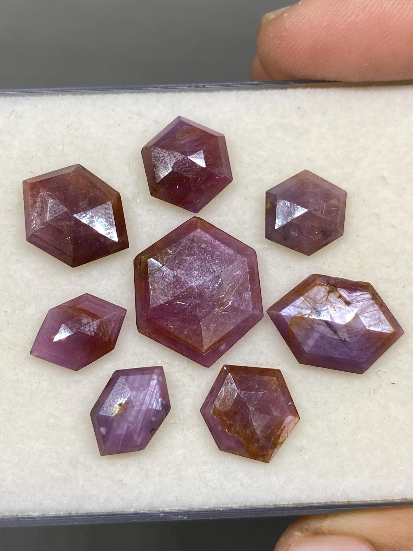 Marvellous rare star ruby sapphire fancy hexagon  shape stepcut weight 46 cts pcs 8 size 12x11-19x18mm natural star sapphire step cut