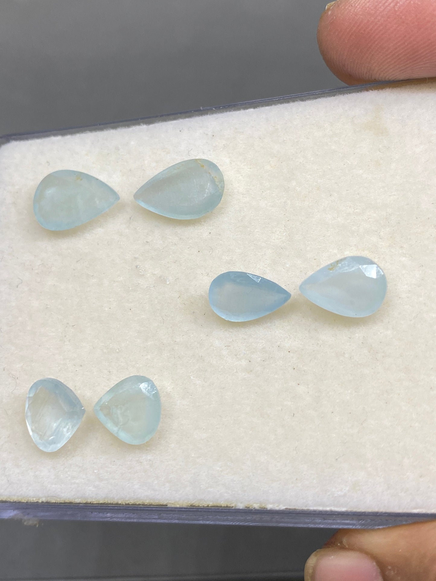 Rare Aquamarine cutstone unmatched pair fine quality pcs 6 wt 12 carats size 9mm-13x9mm eye catching designs fine cutting size wt