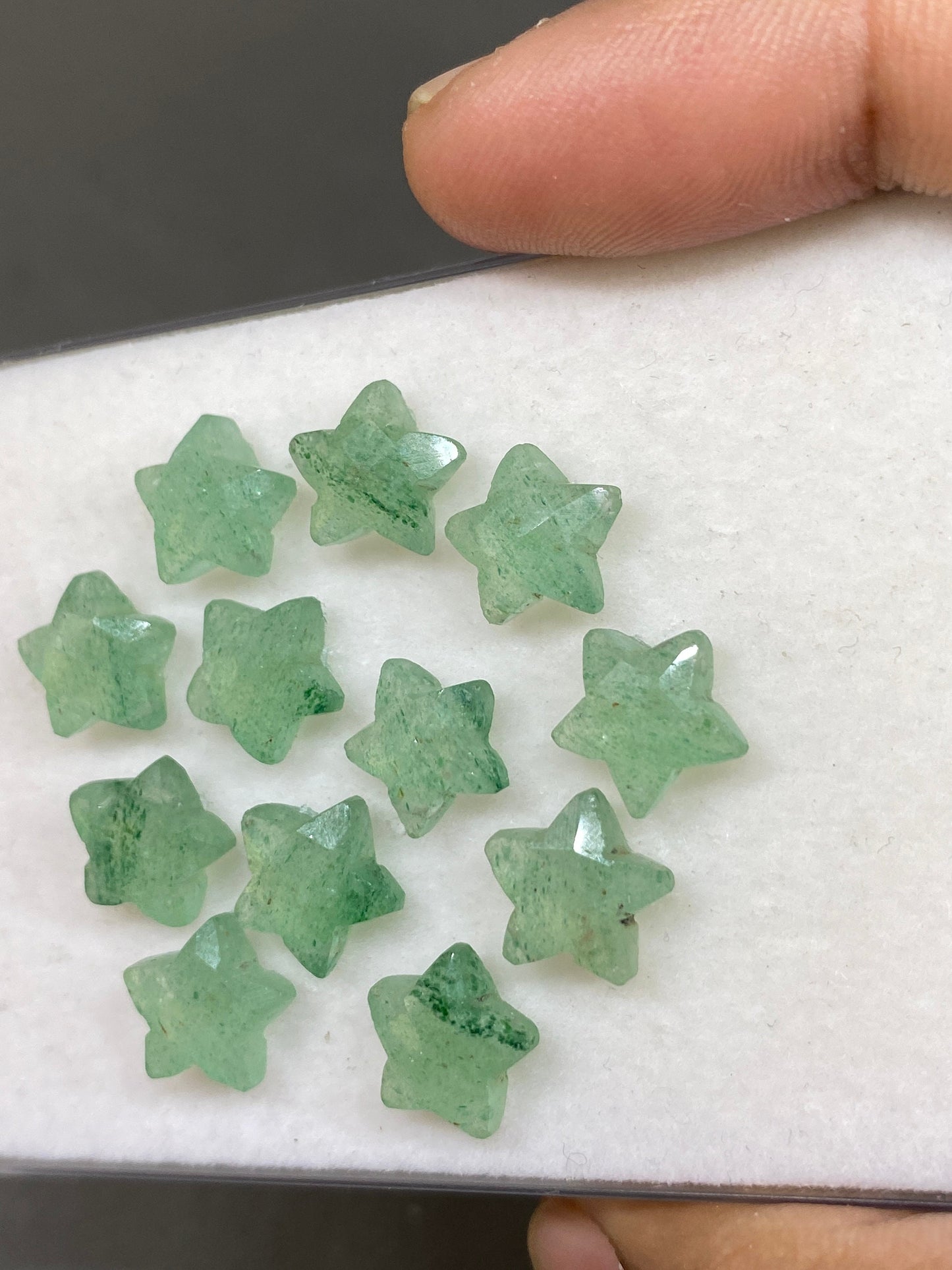 Attractive green quartz faceted star shape carving briolette drilled pcs 12 wt 39 cts approx size 10-11mm green quartz star briolette