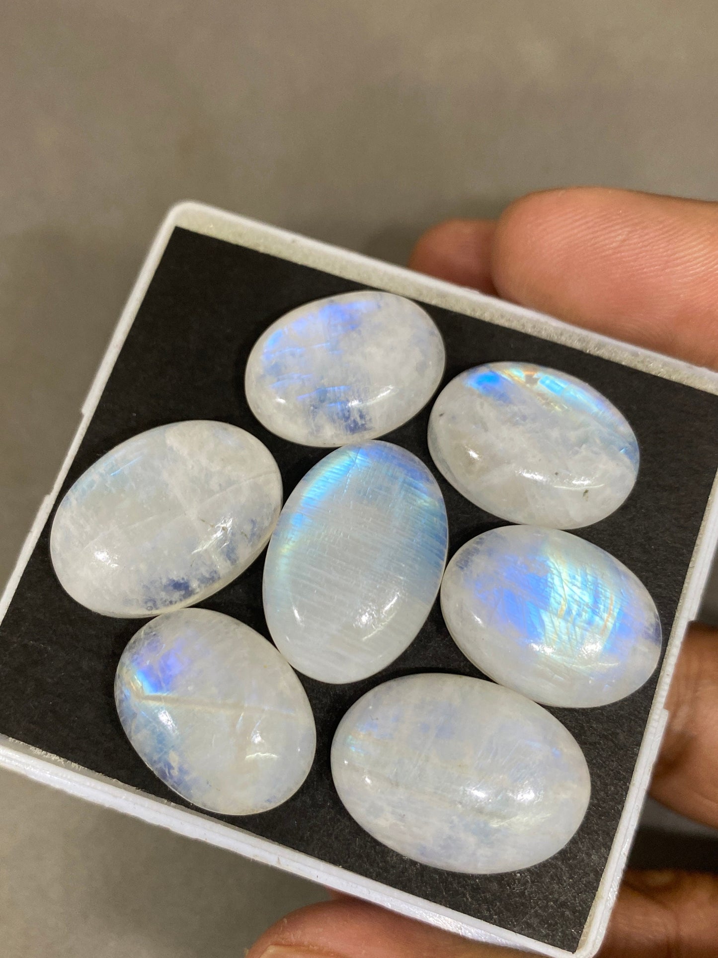 Fascinating  Blue fire rainbow moonstone oval cabochons  lot pcs 7 weight 127 cts size 19x14mm-23x16mm beautiful fire rainbow moonstone