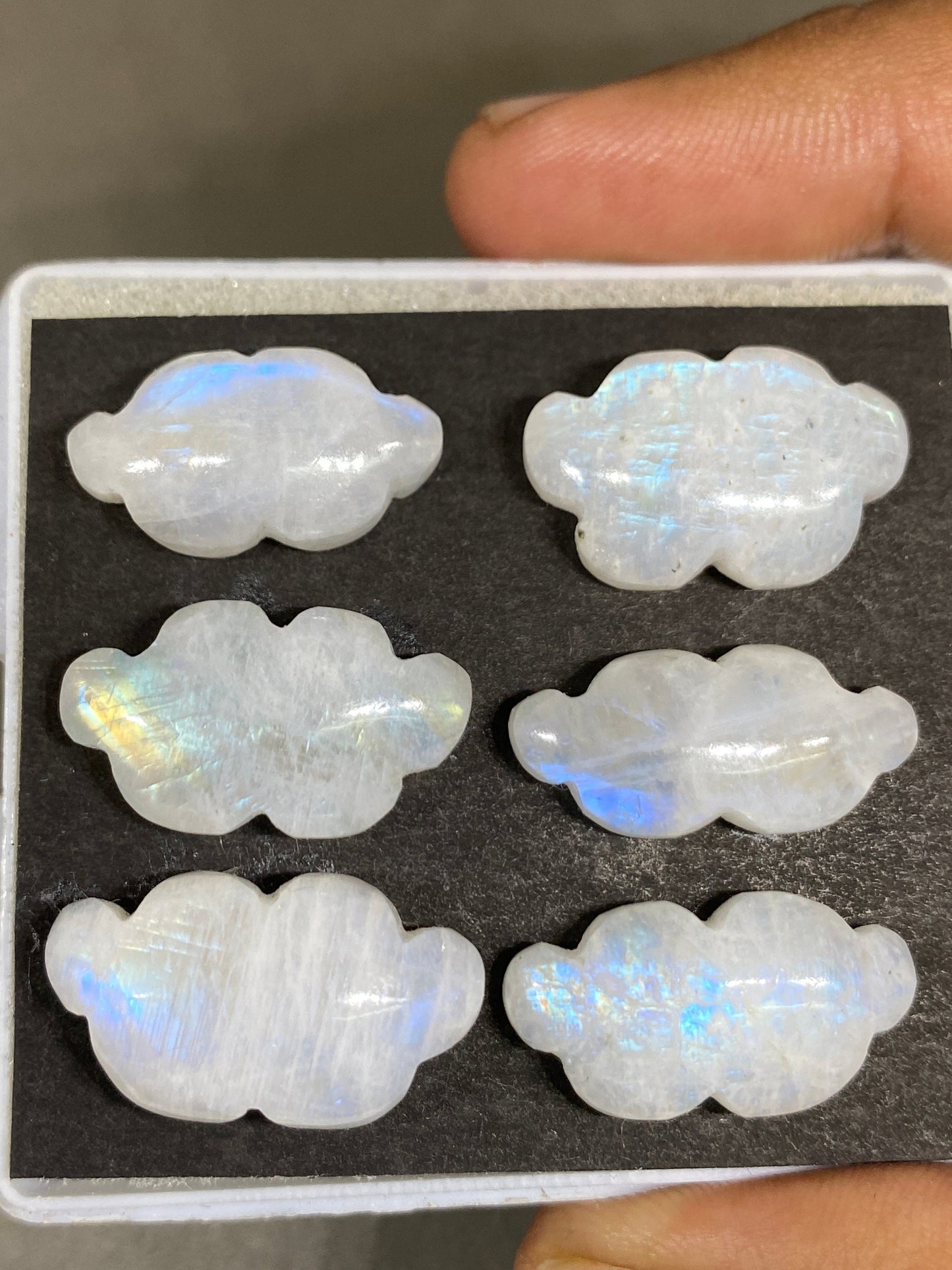 Stunning rare white moonstone cloud carving  blue fire moonstone   carving pcs 6 wt 106 cts size 22x12-25x14mm  moonstone cloud carving