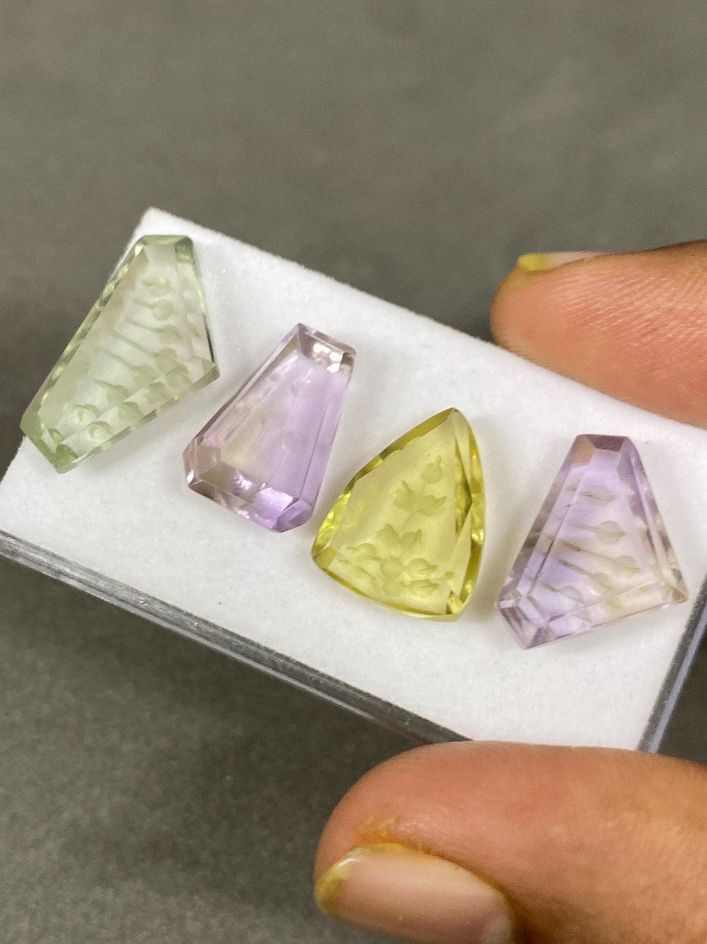 Lovely AAA Ametrine lemon quartz green amethyst intaglio carving cutstones wt 25 carats pcs 4 good size 15x10mm-20x11mm  gemstone carving