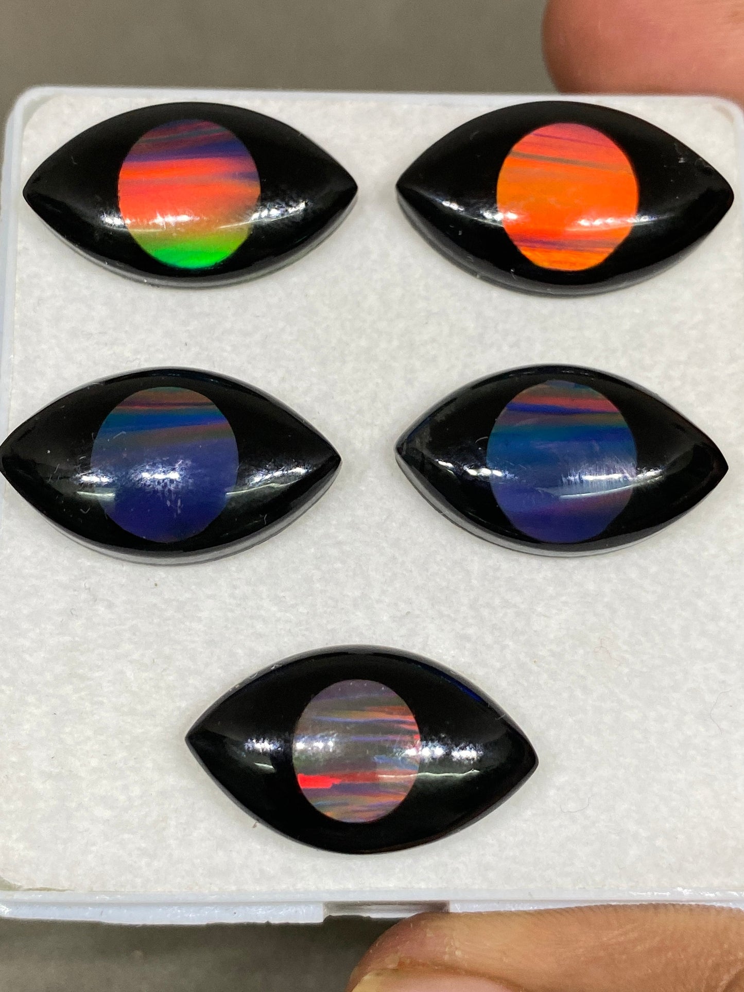 Stunning Multi fire opal synthetic aurora opal with black onyx eye carving wt 66 carats  pcs 5 size 24x4-26x6mm fire opal eye carving