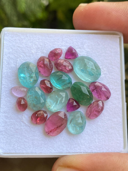 Gorgeous Blue green apatite rosecut Rhodolite pink garnet  wt 26.75 carats pcs 19 rosecut  flats Small size 6x3mm-12x9mm apatite rosecut