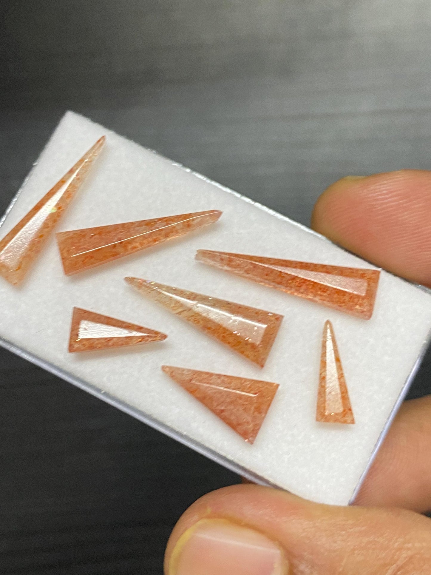 Stunning rare confetti sunstone triangle geometric stepcut flats wt 13.50 carats pcs 7 size 11x5-21x5mm sunstone  stepcut flatback gems