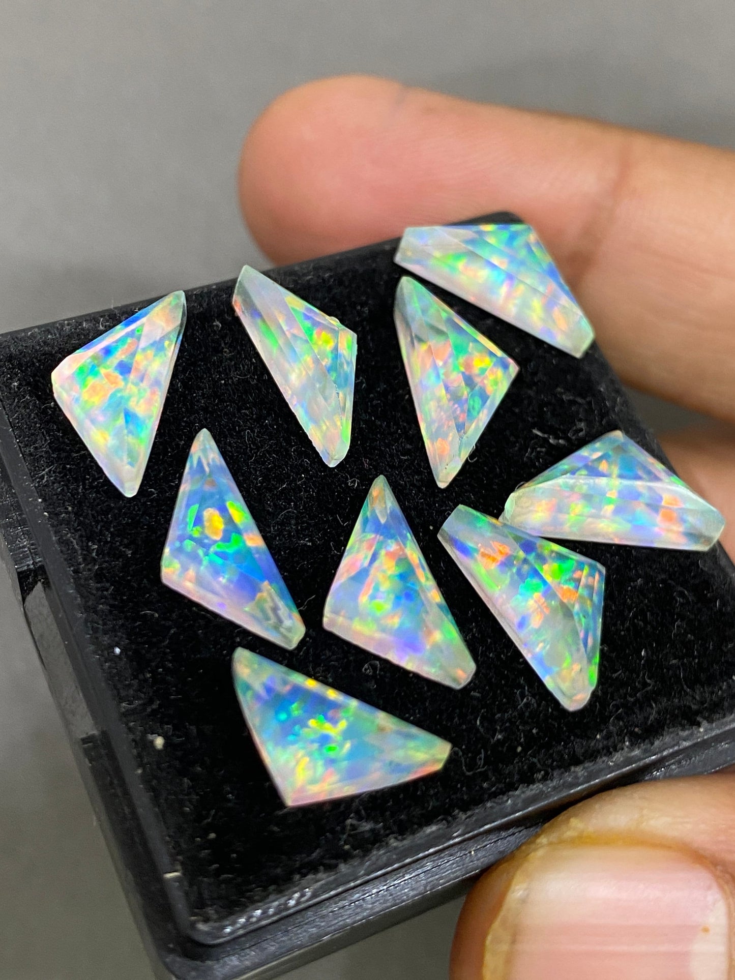 Gorgeous Multi fire Aurora opal and crystal doublet scalene triangles geometric cut pcs 9 wt 20 cts size 12x6mm-13x6mm rosecut monarch opal