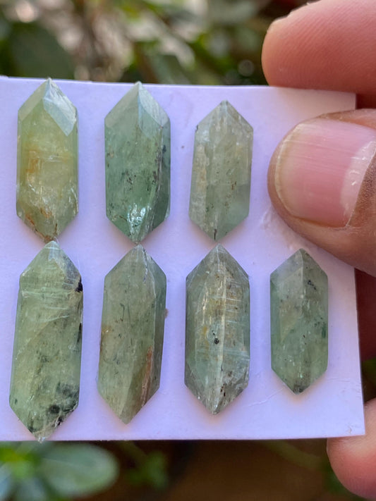 Fascinating rare moss green kyanite hexagon elongated flats fine quality weight 57 carats size 16.5x7mm-26x9mm pcs 7 moss green hexagon