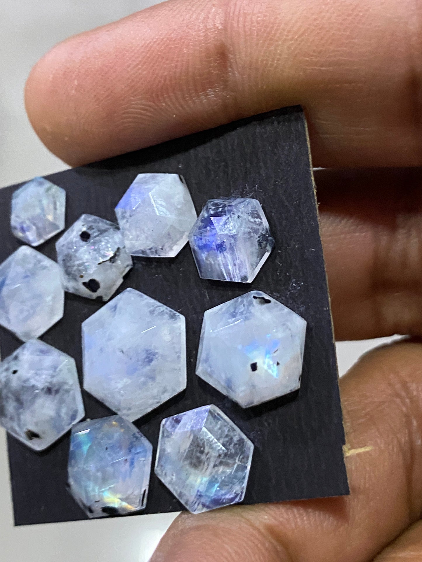 Mesmerising rare Blue fire white rainbow moonstone faceted rosecut hexagon pcs 10 wt 29 cts size 8mm-14mm fire rainbow moonstone